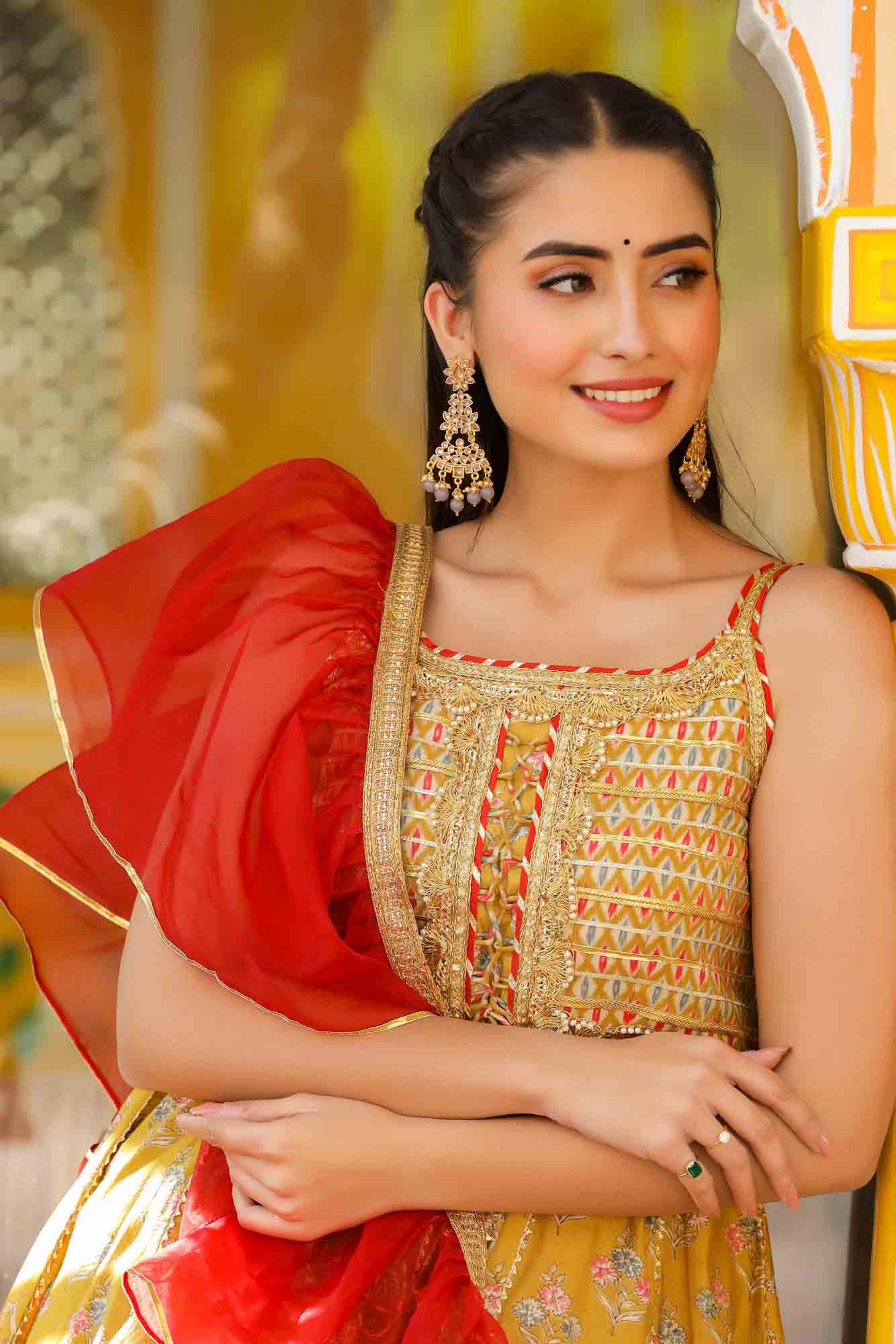 Mustard Yellow Muslin Gotapatti Sharara Set With Potli Bag