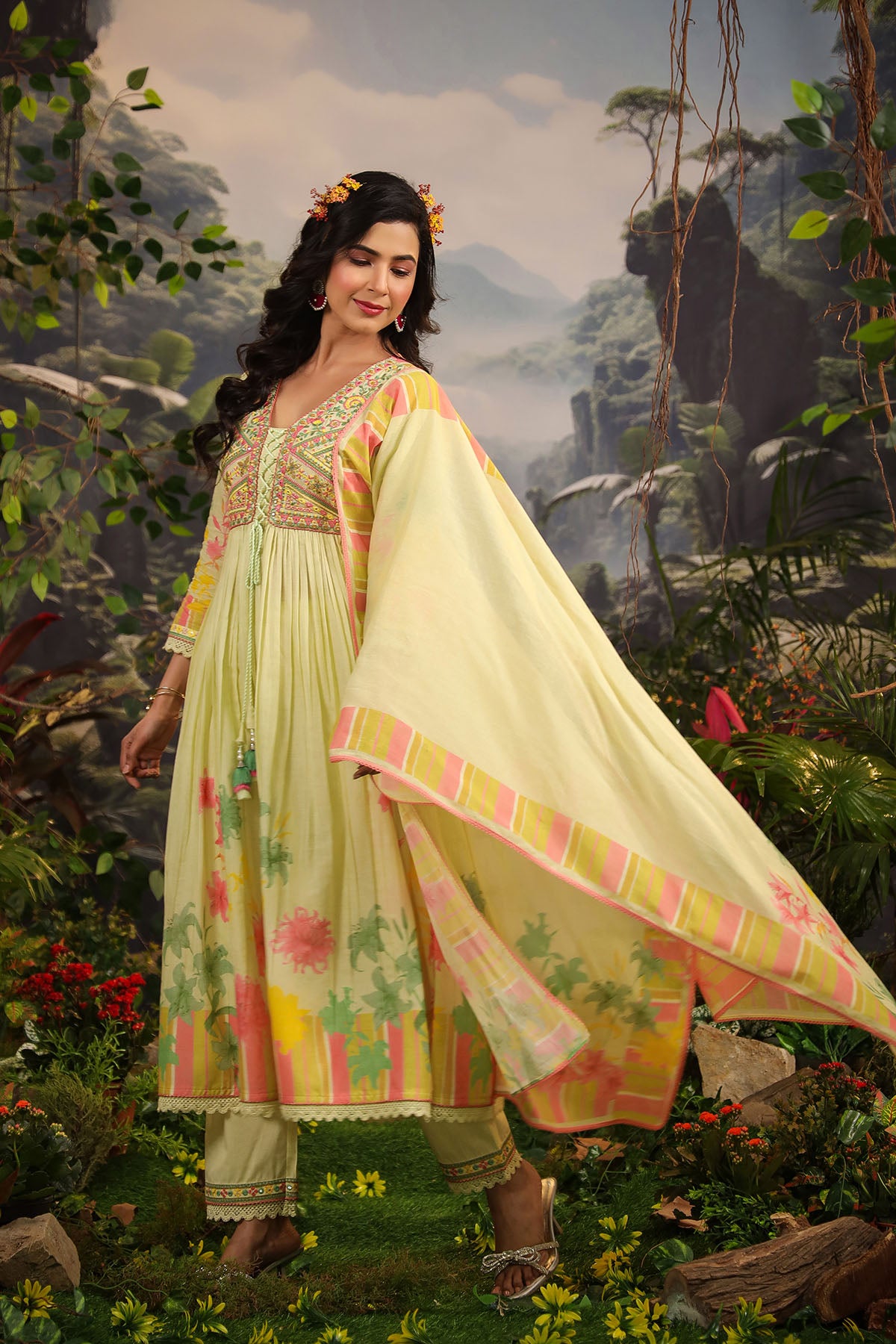 Yellow Floral Cotton Embroidered Anarkali Suit