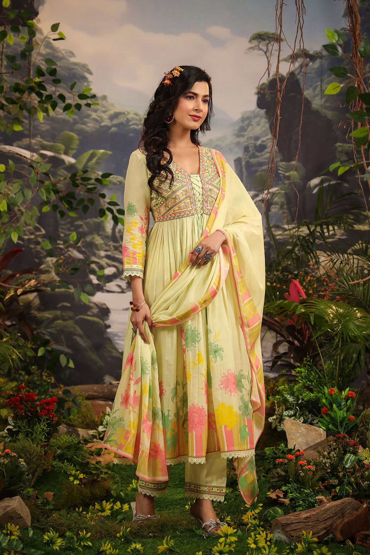 Yellow Floral Cotton Embroidered Anarkali Suit