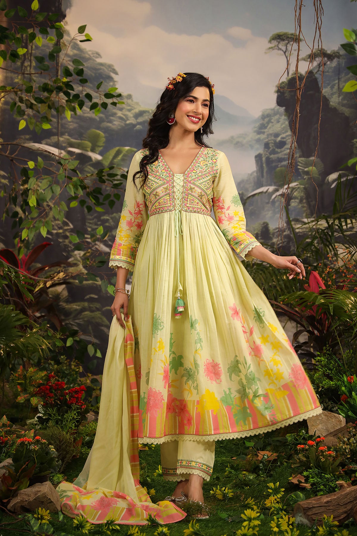 Yellow Floral Cotton Embroidered Anarkali Suit