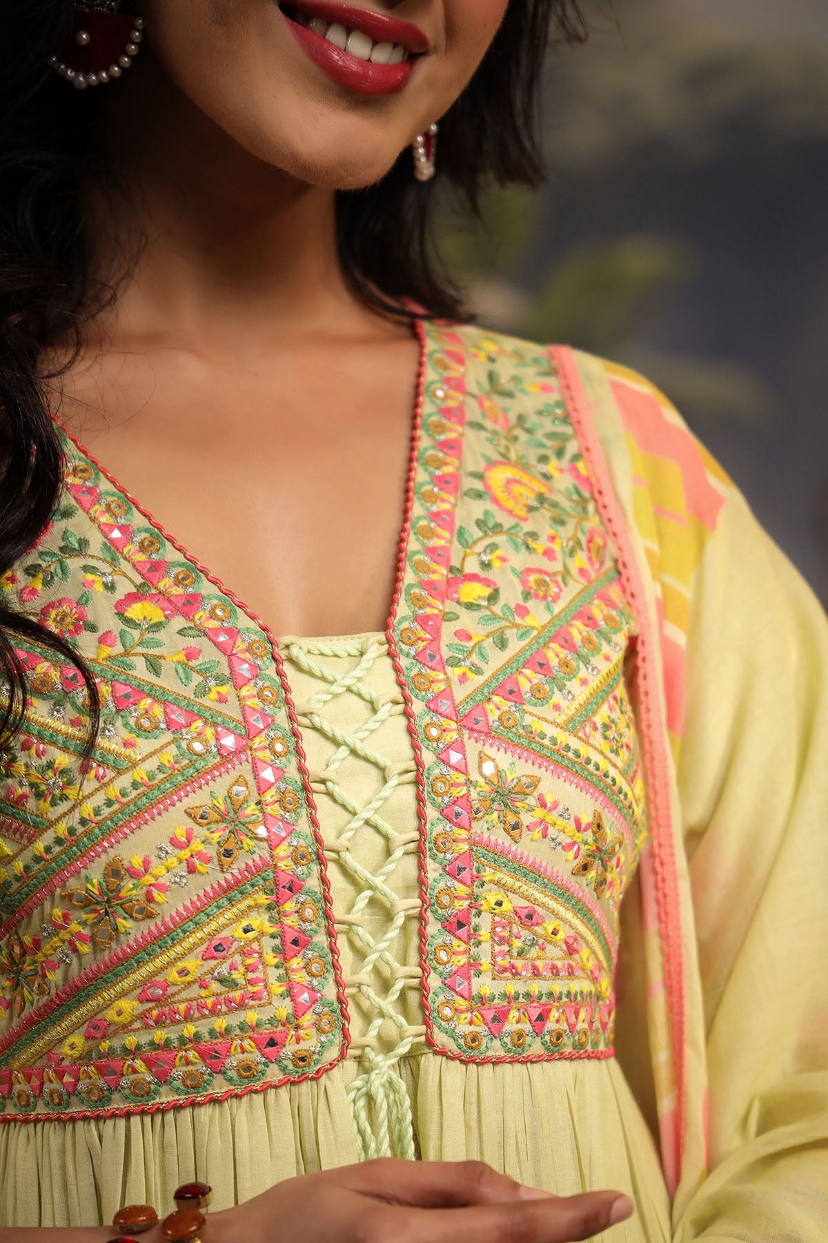 Yellow Floral Cotton Embroidered Anarkali Suit