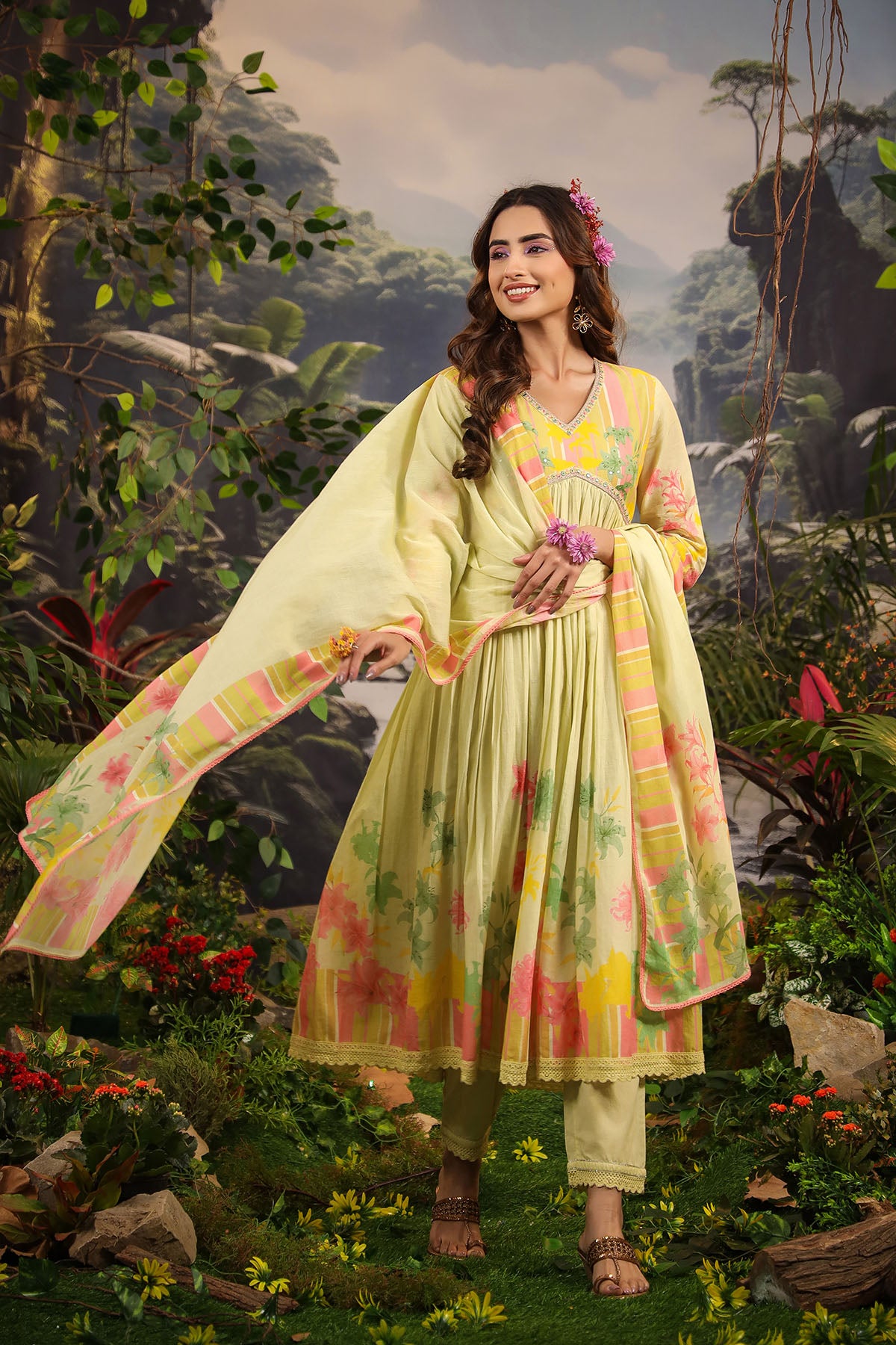 Yellow Floral Cotton Printed Anarkali Suit