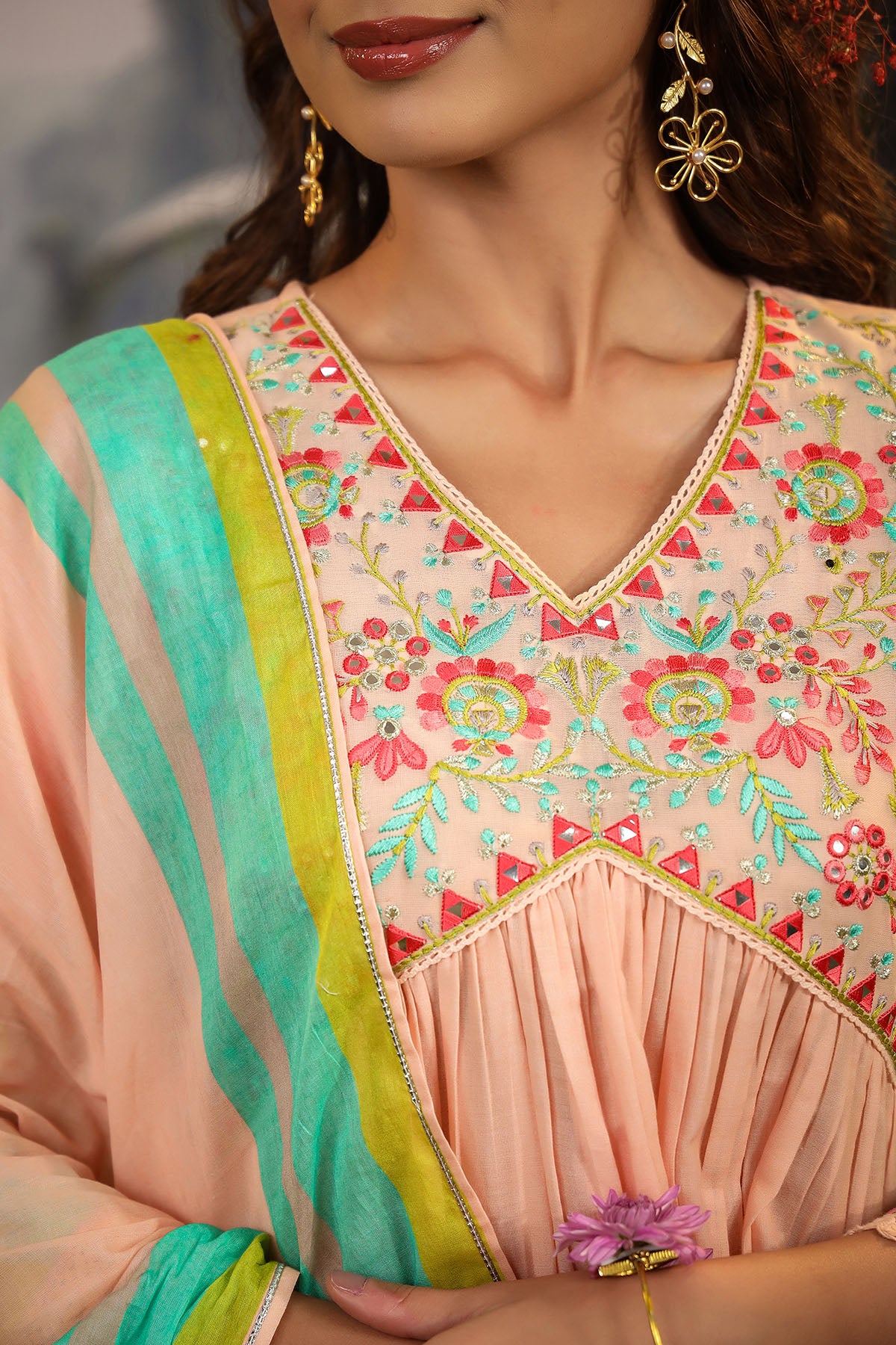 Peach Floral Cotton Embroidered Anarkali Suit