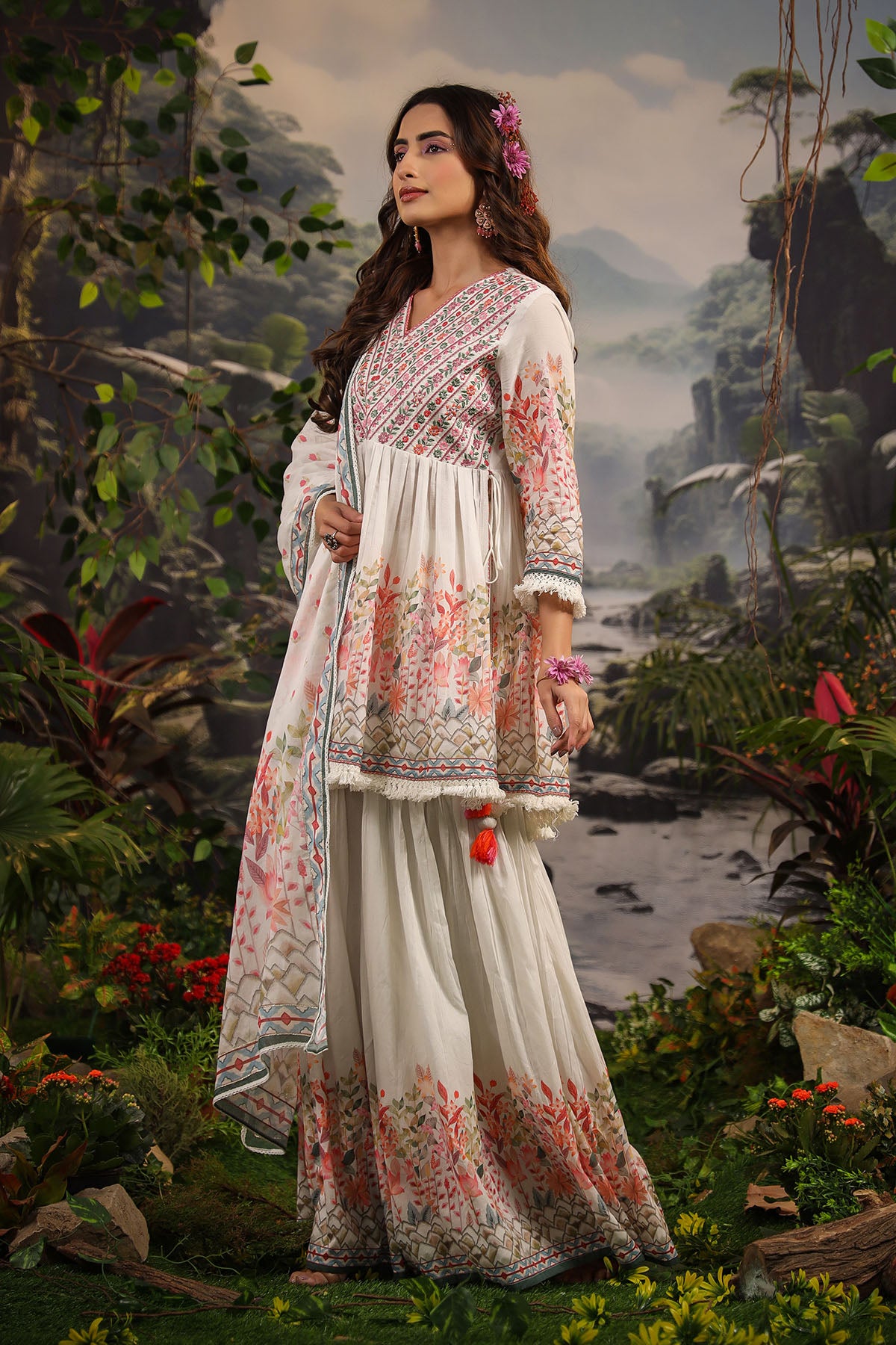White Floral Embroidered Sharara Set