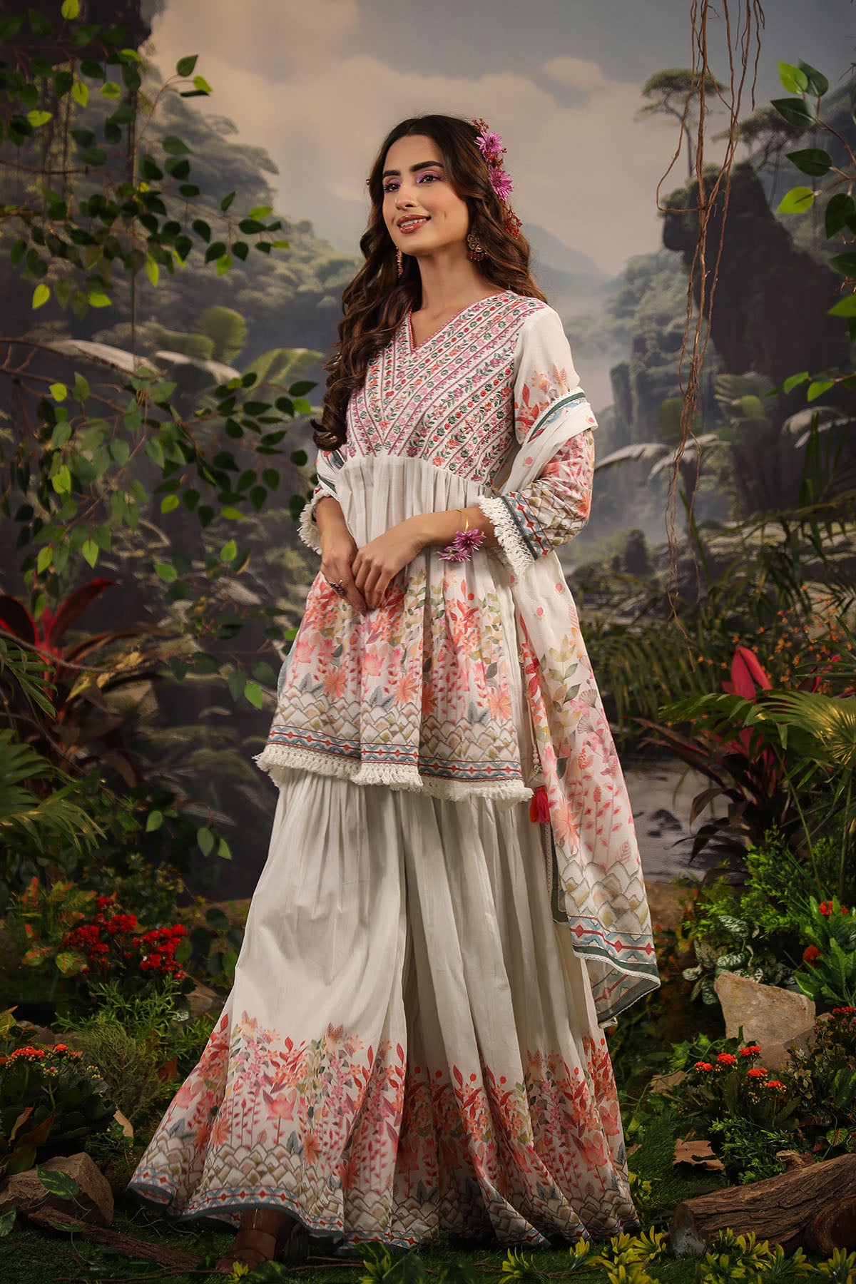 White Floral Embroidered Sharara Set