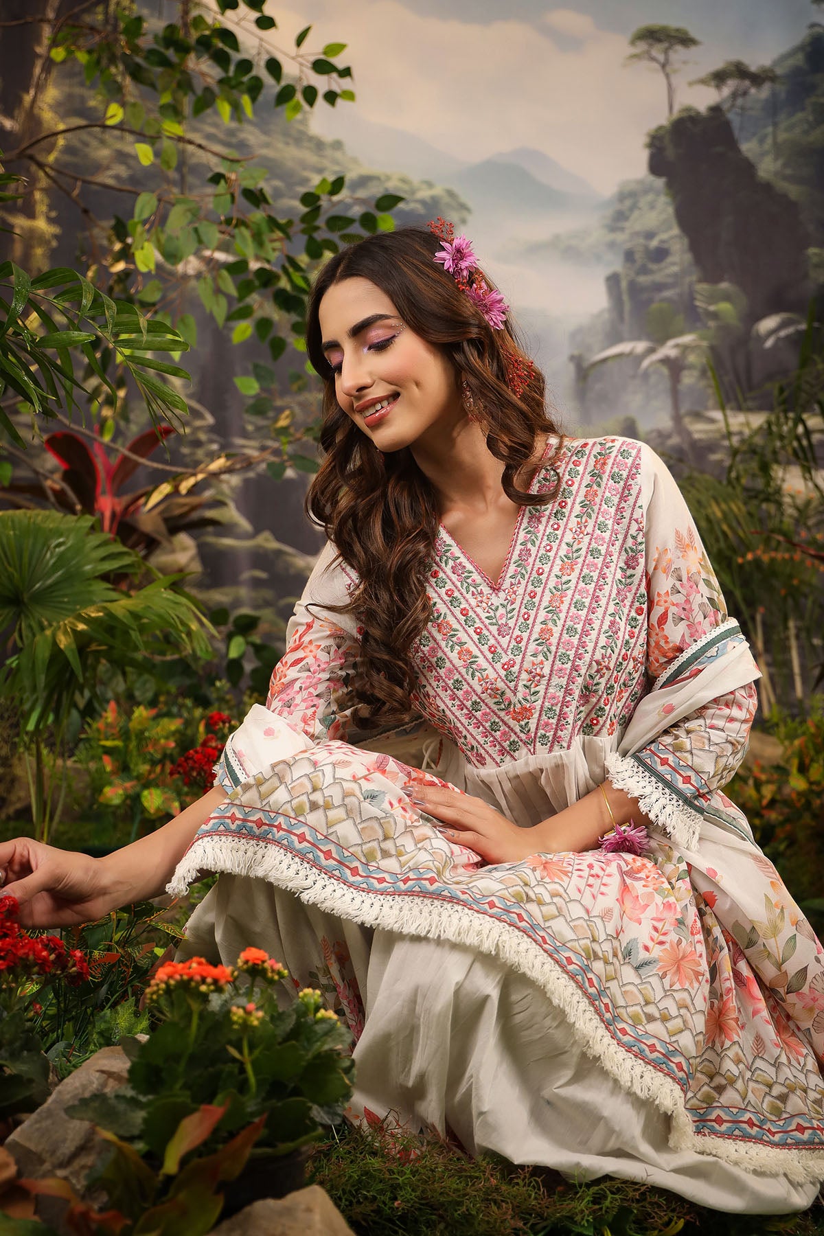 White Floral Embroidered Sharara Set