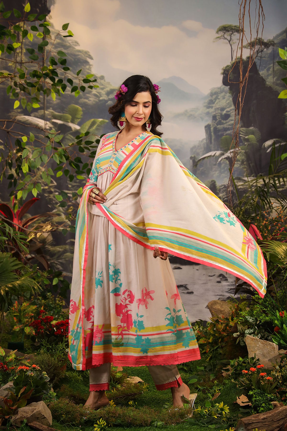 Ivory Floral Cotton Printed Anarkali Suit