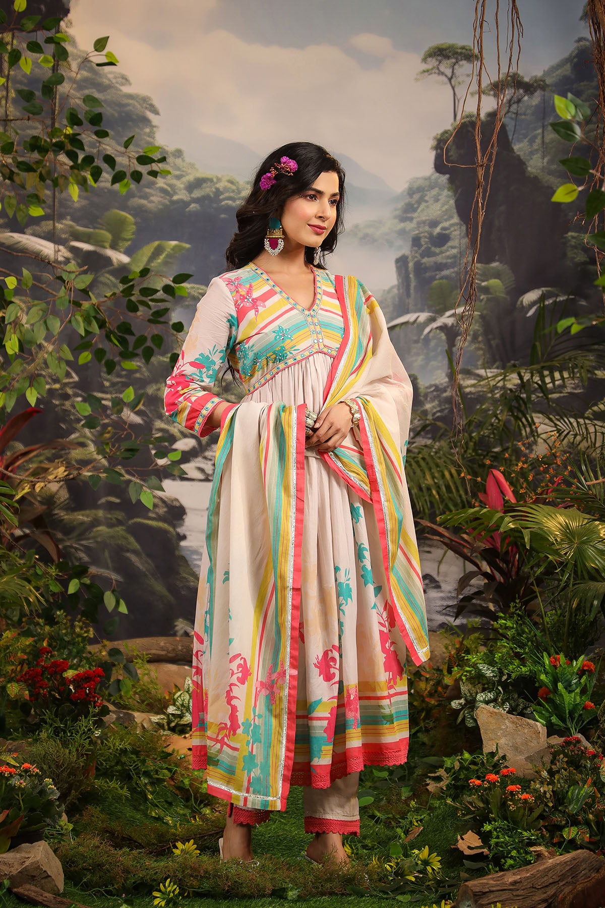 Ivory Floral Cotton Printed Anarkali Suit