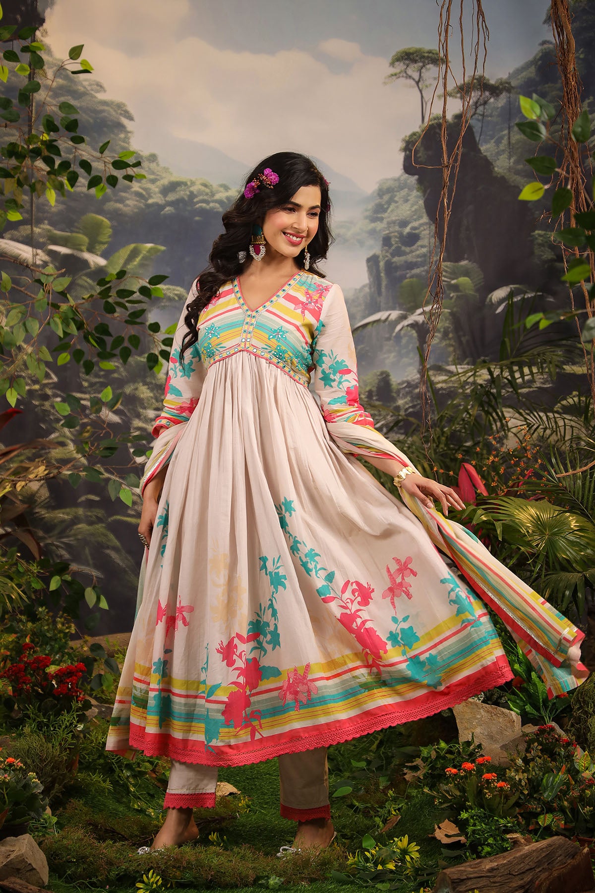 Ivory Floral Cotton Printed Anarkali Suit