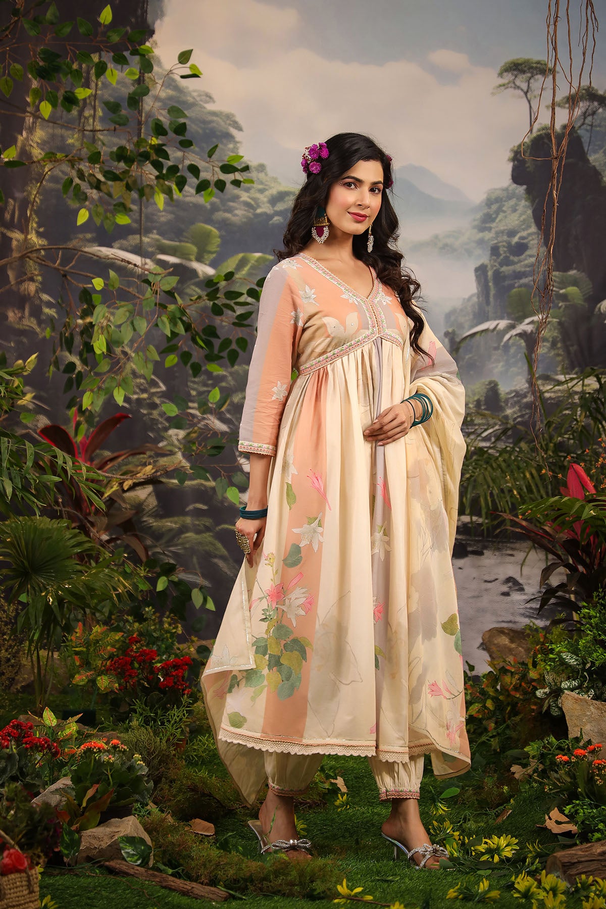 Beige Floral Cotton Printed Anarkali Suit