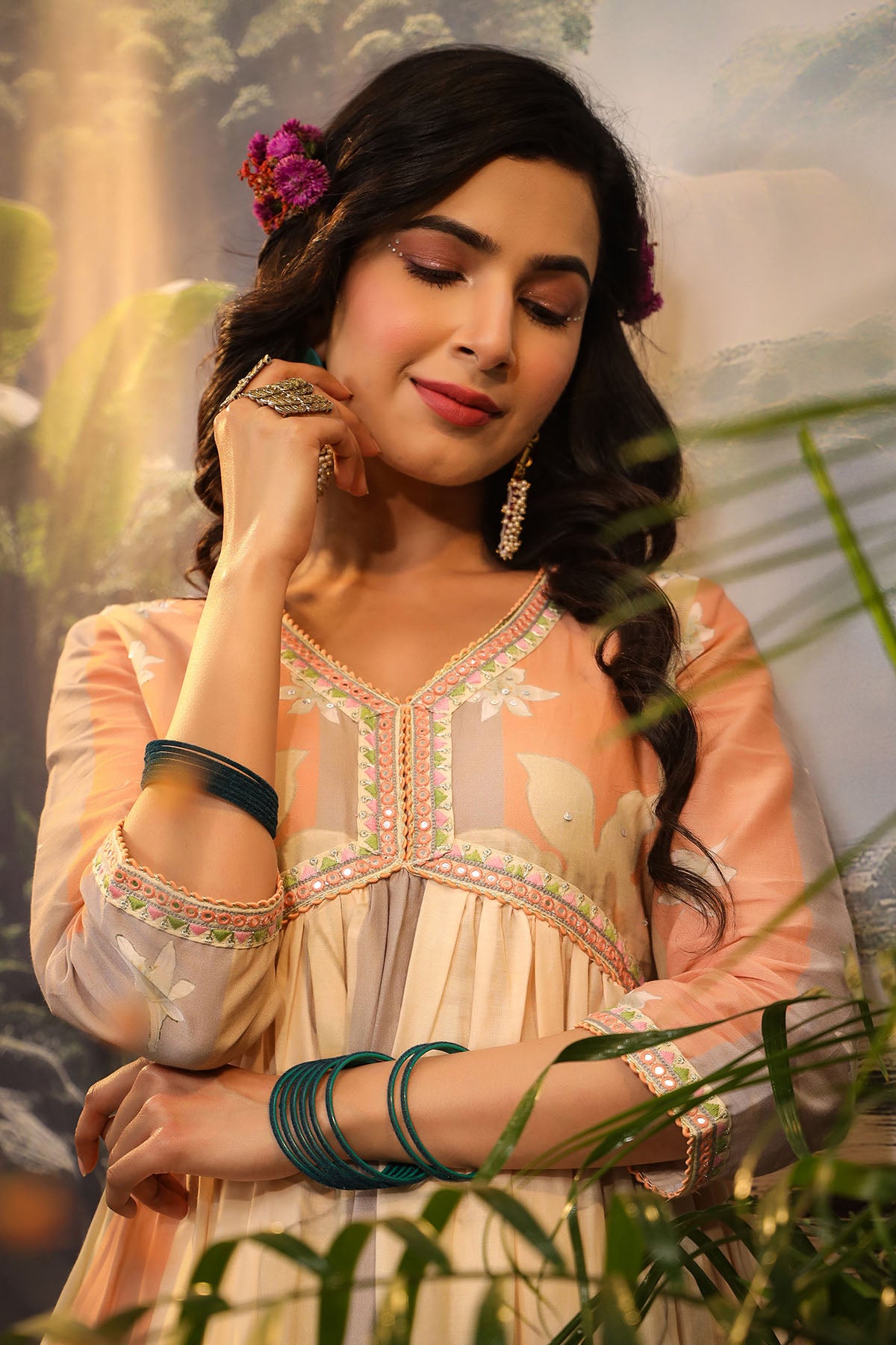 Beige Floral Cotton Printed Anarkali Suit