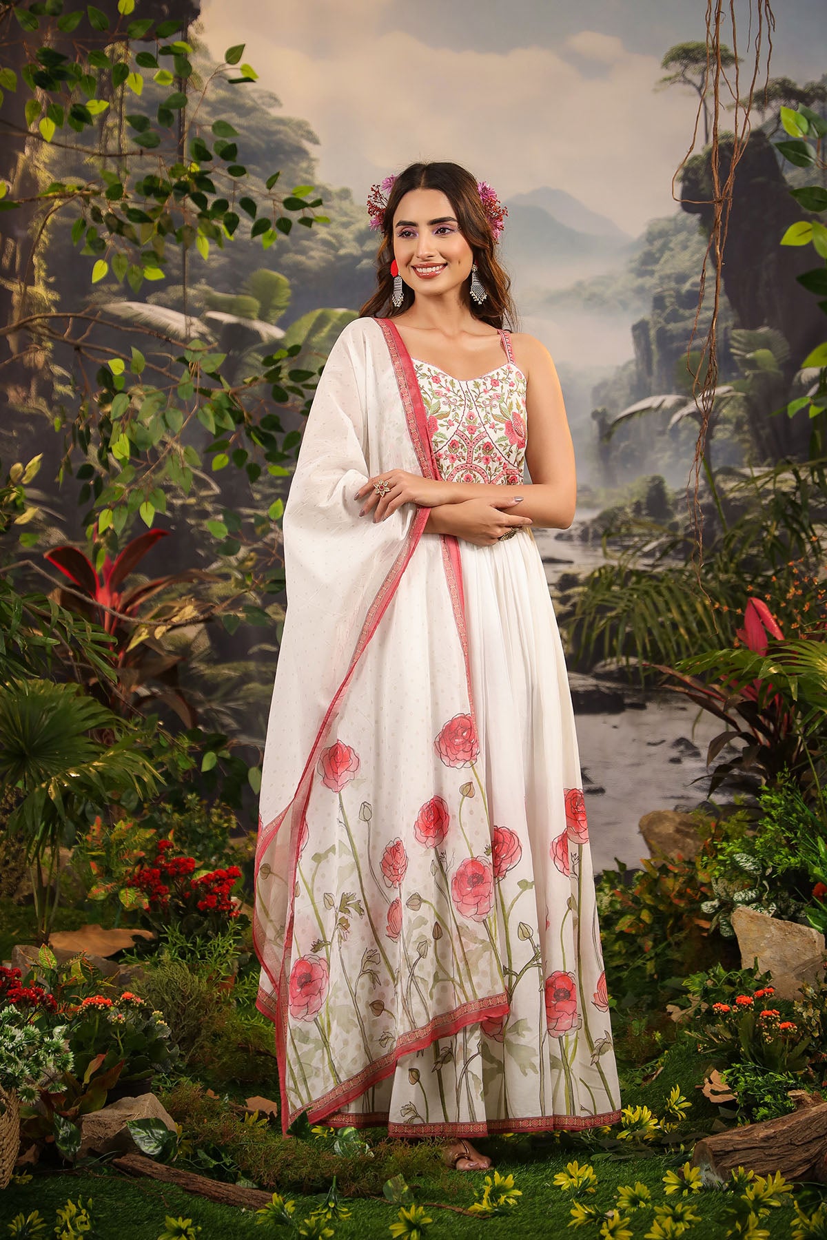 White Floral Cotton Gown Set