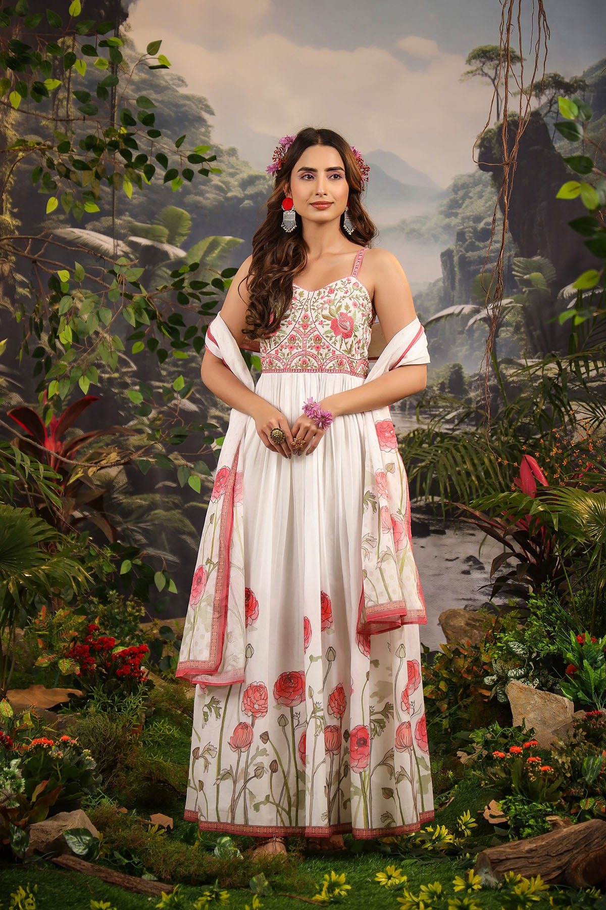 White Floral Cotton Gown Set