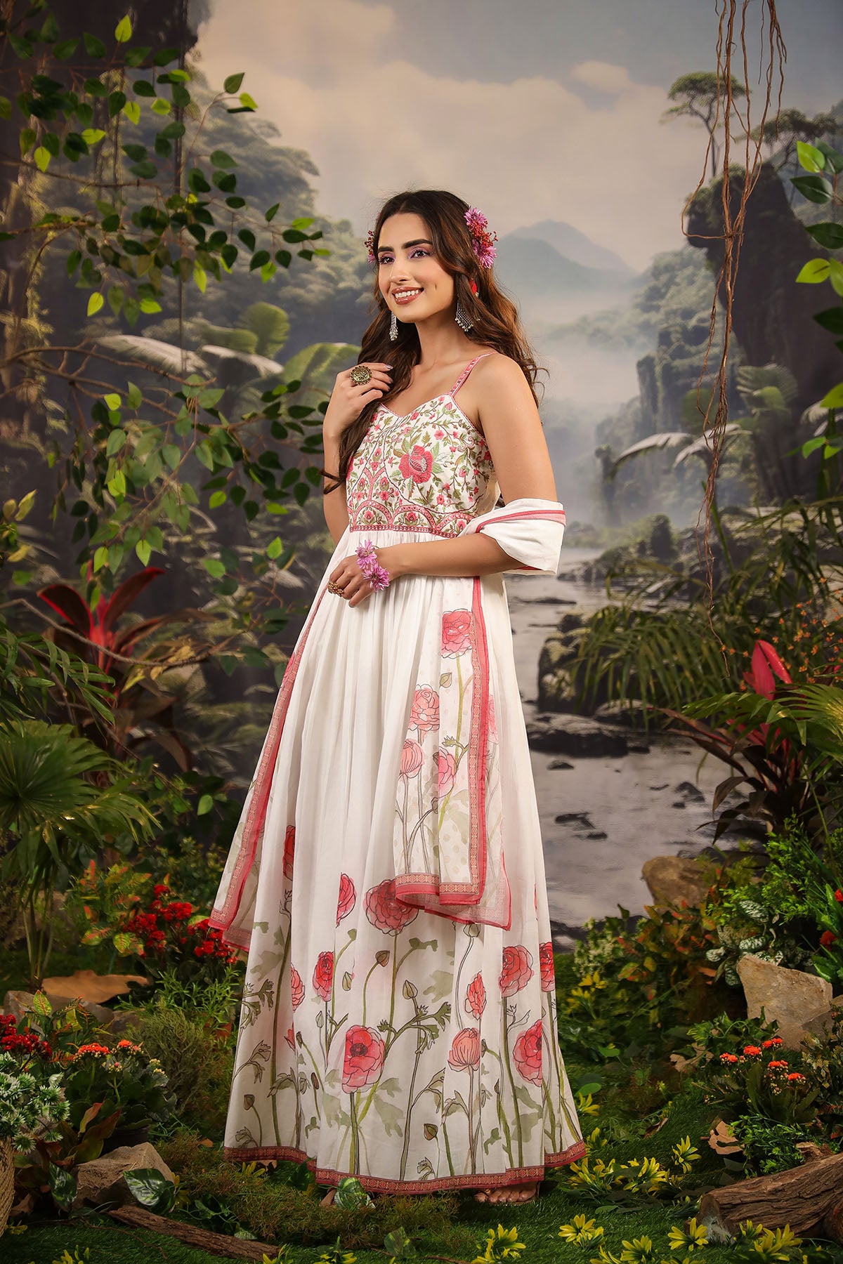 White Floral Cotton Gown Set