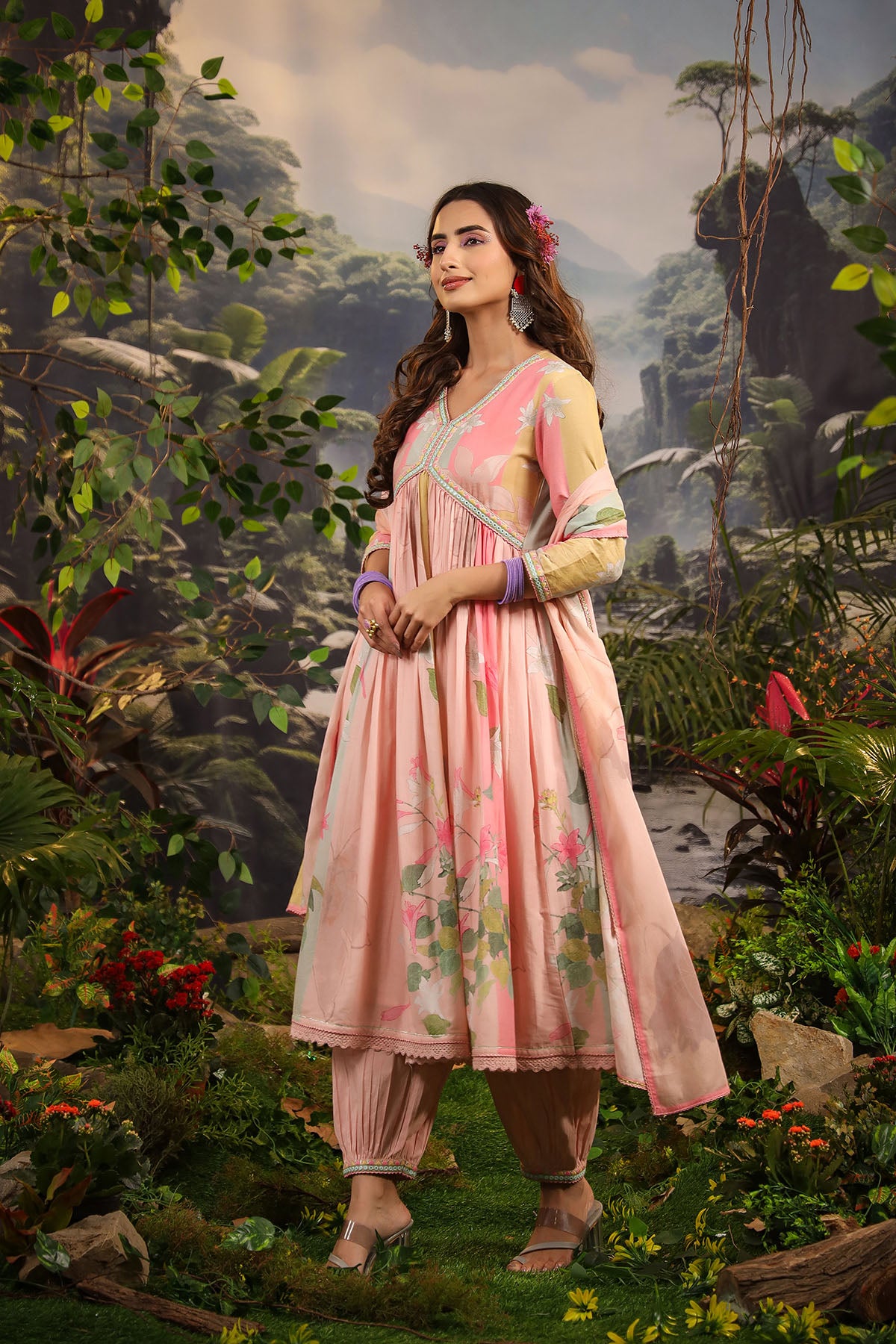 Pink Floral Cotton Printed Anarkali Suit Set
