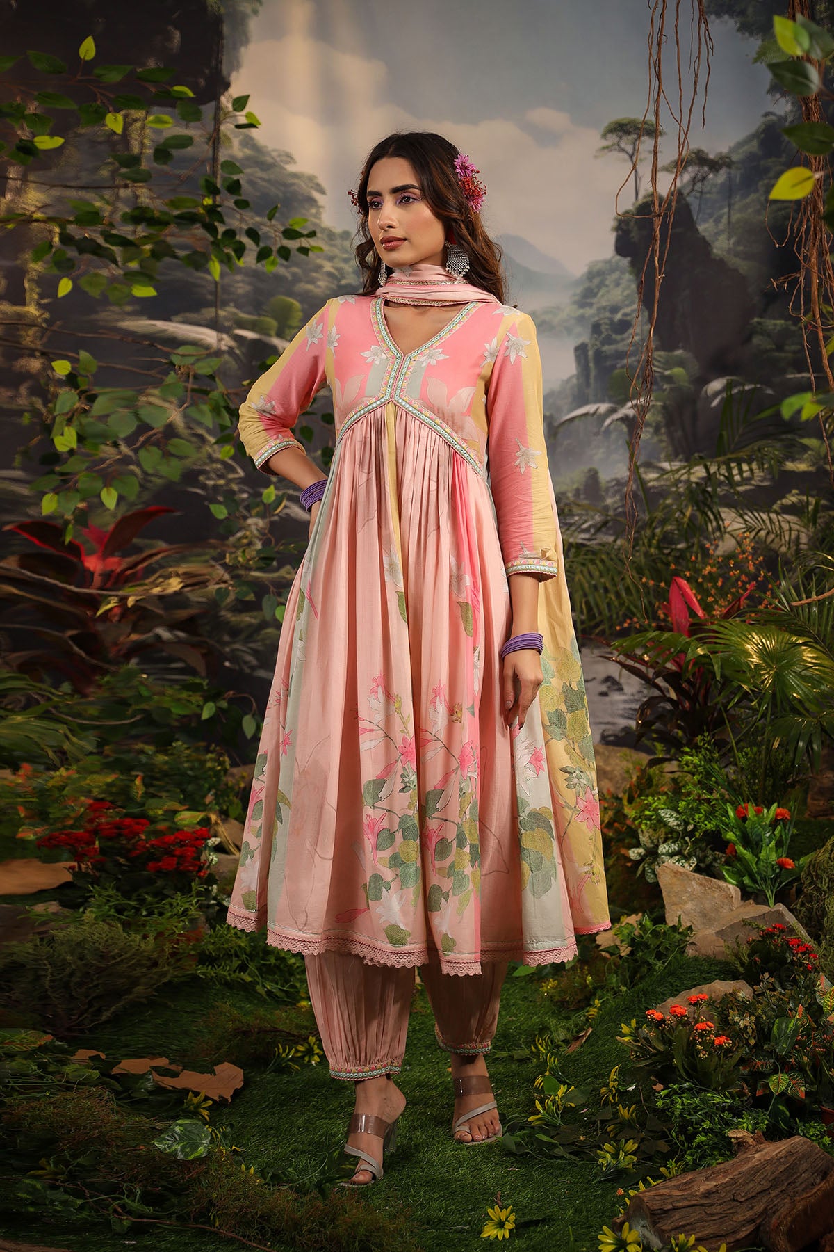 Pink Floral Cotton Printed Anarkali Suit Set