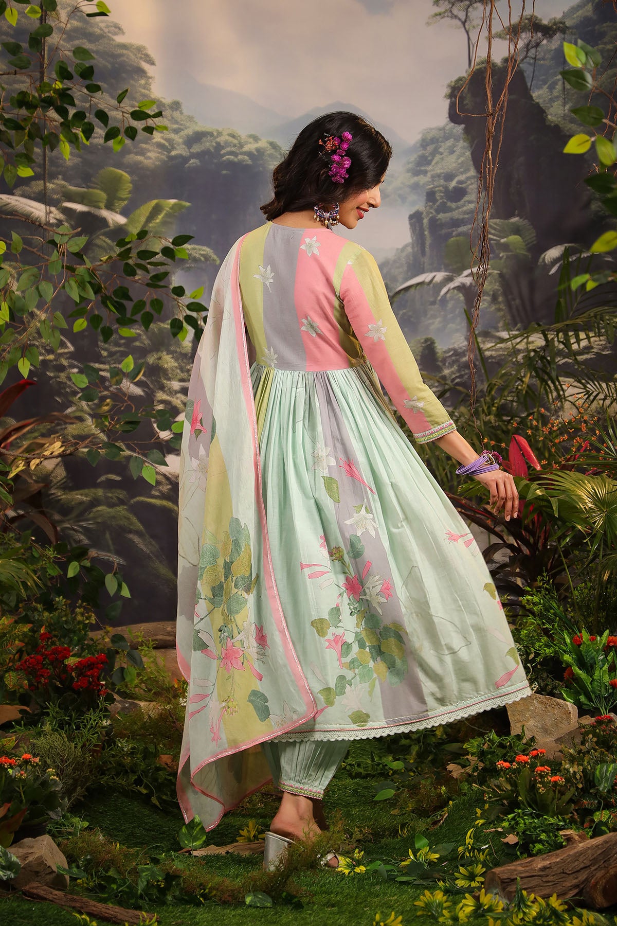 Green Floral Cotton Printed Anarkali Suit