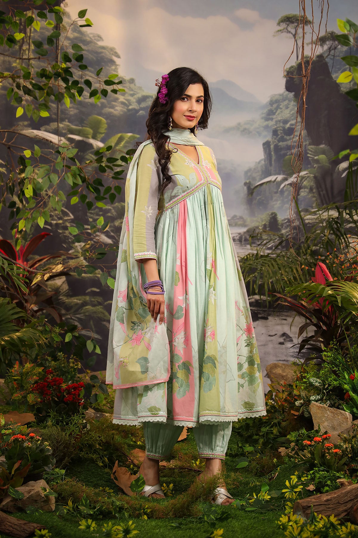 Green Floral Cotton Printed Anarkali Suit
