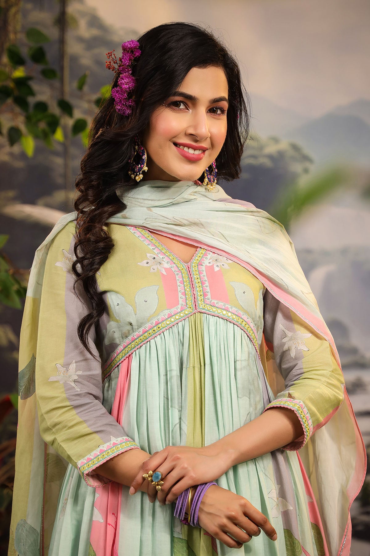 Green Floral Cotton Printed Anarkali Suit