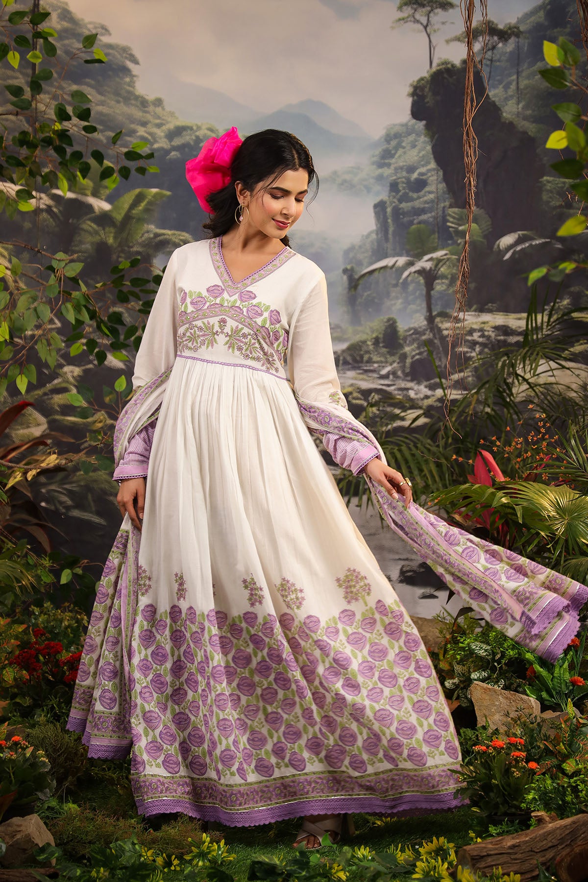 White & Lavender Cotton Printed Gown Set