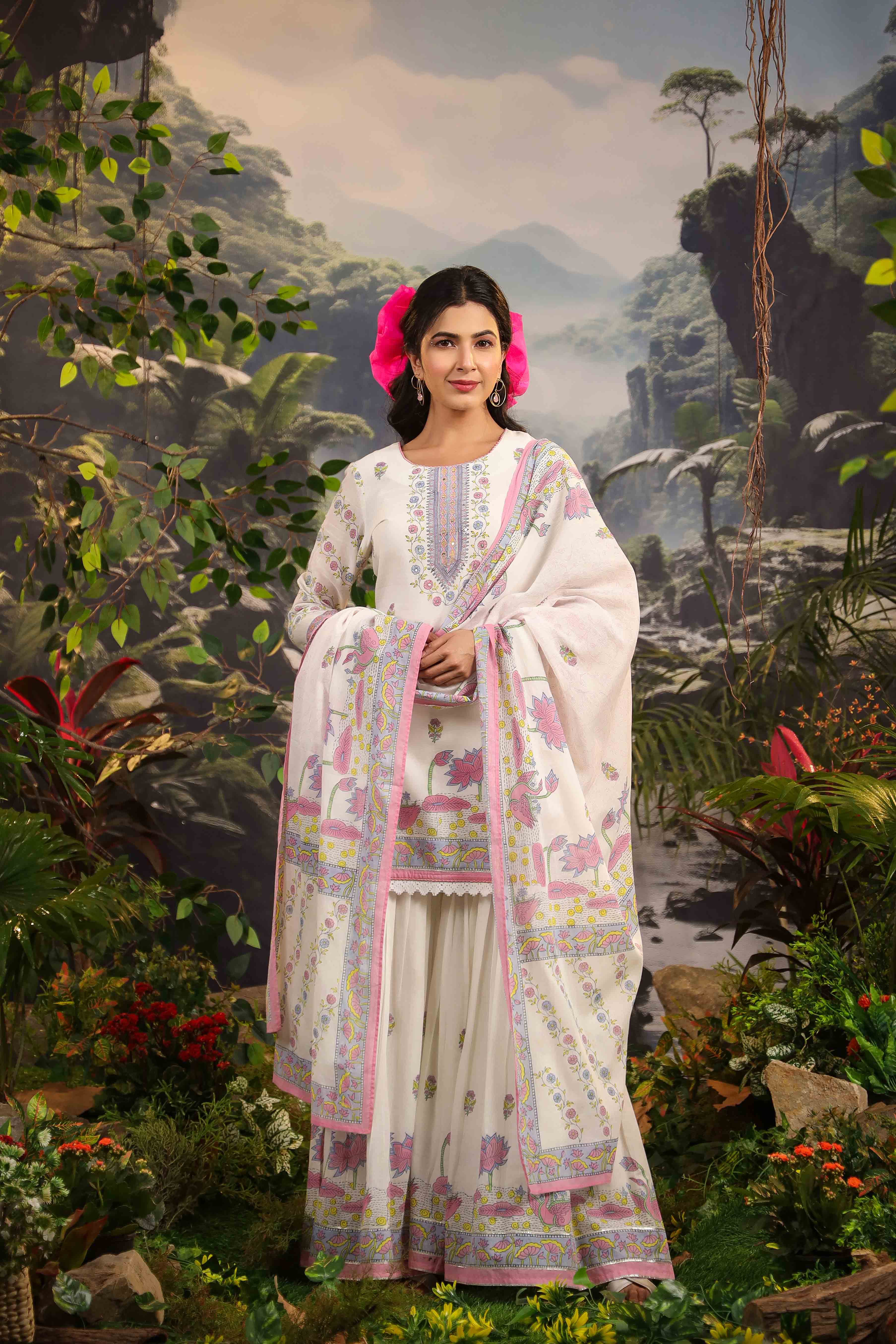 White & Pink Cotton Printed Sharara Set