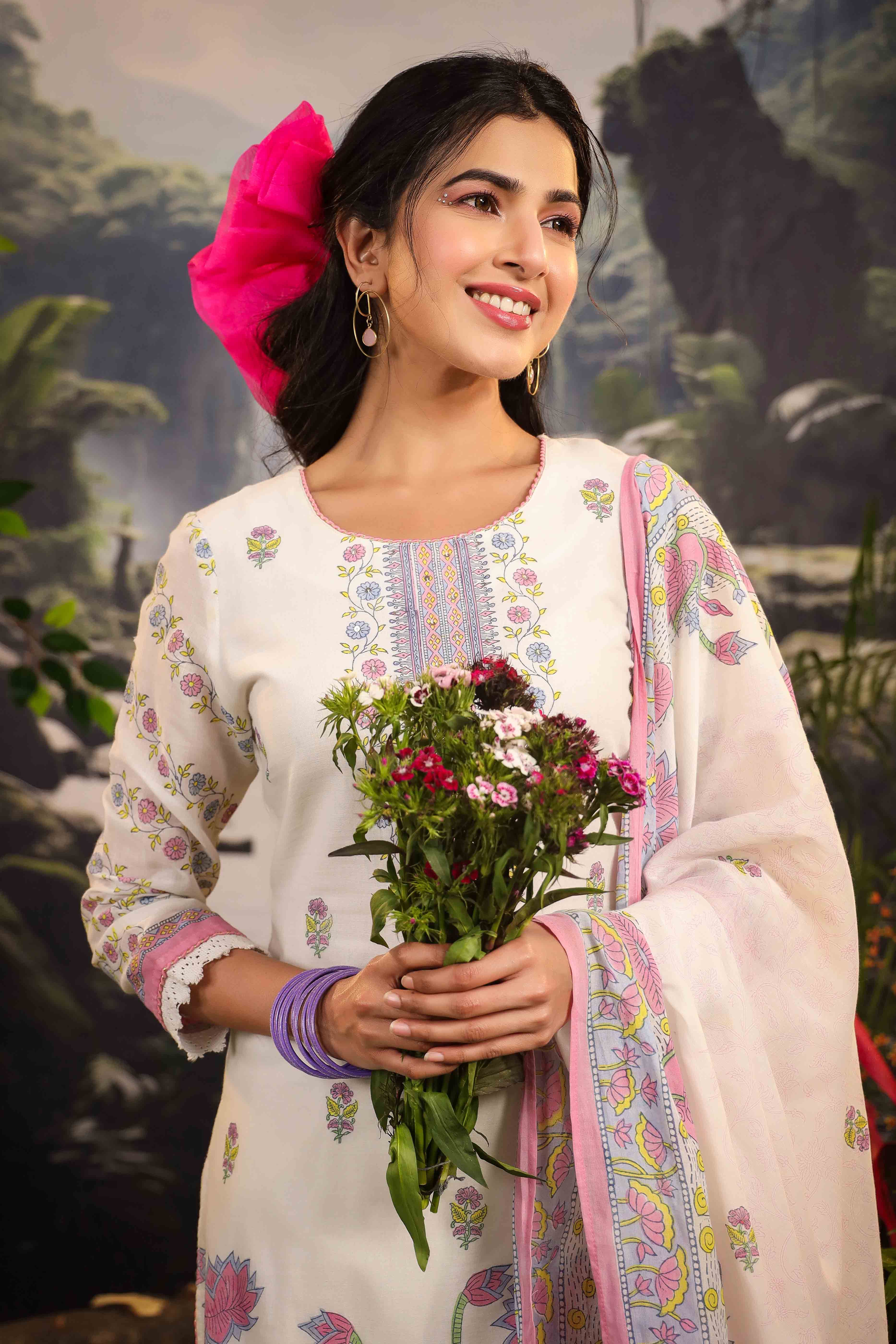 White & Pink Cotton Printed Sharara Set
