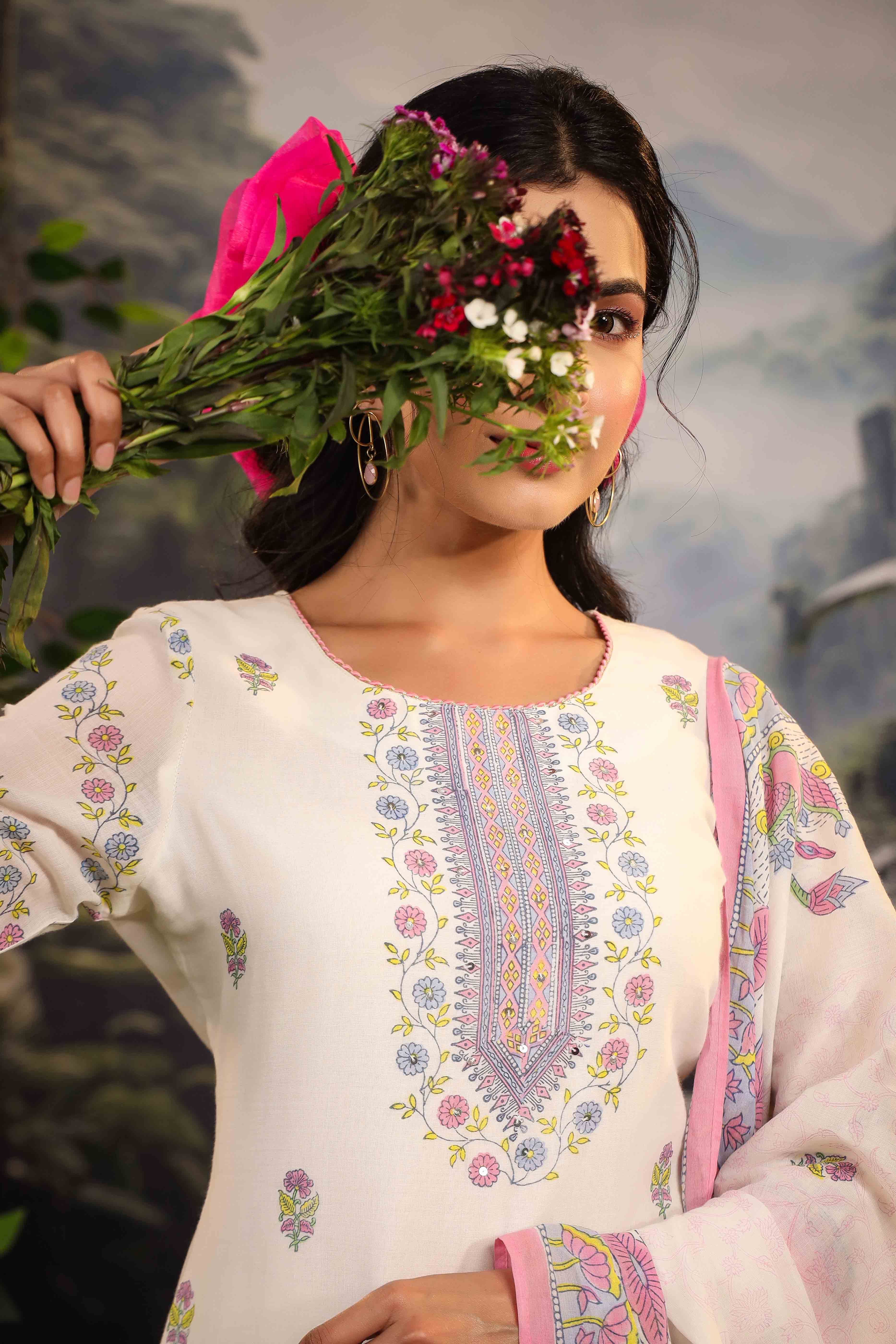White & Pink Cotton Printed Sharara Set