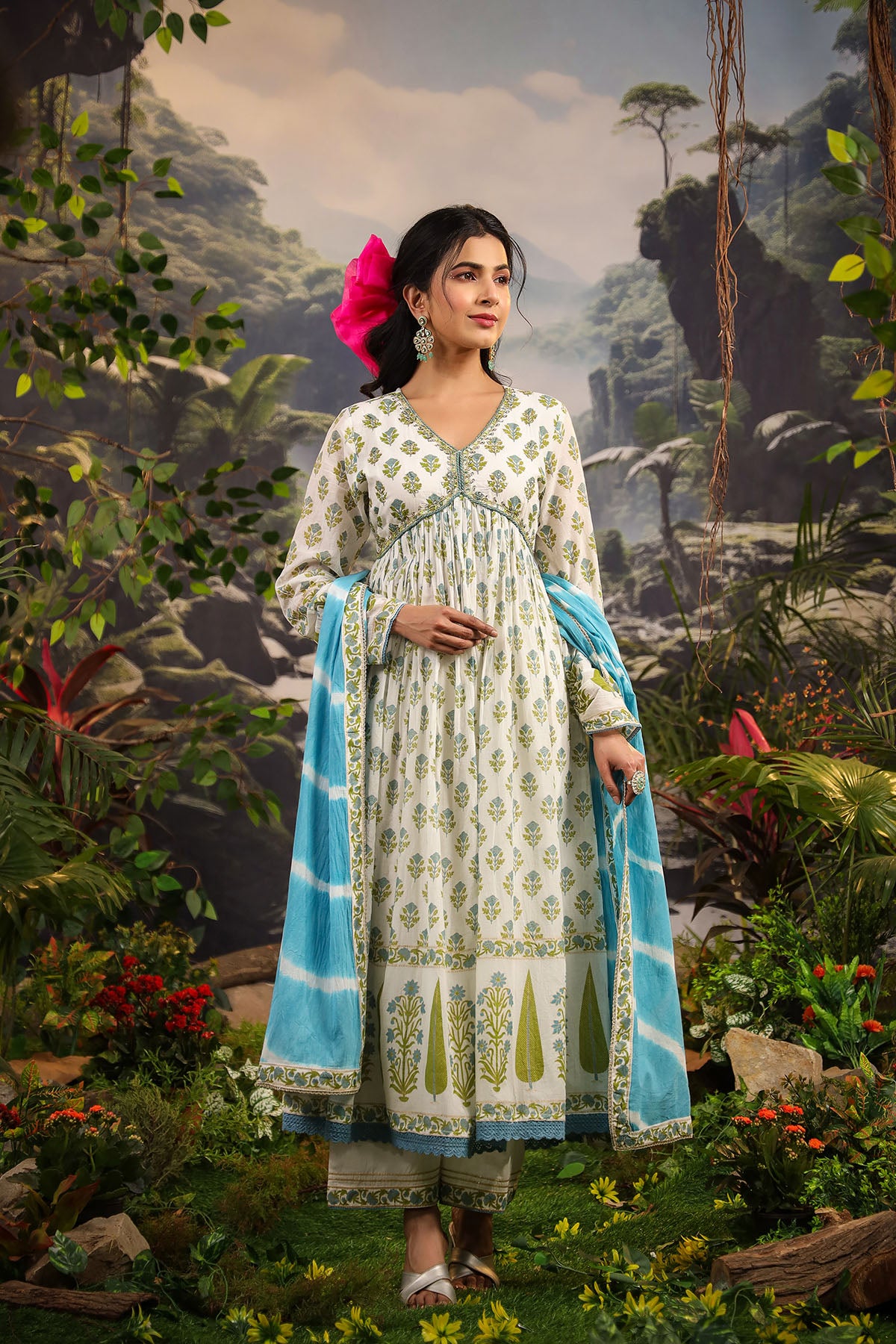 White & Blue Cotton Handwork Anarkali Suit