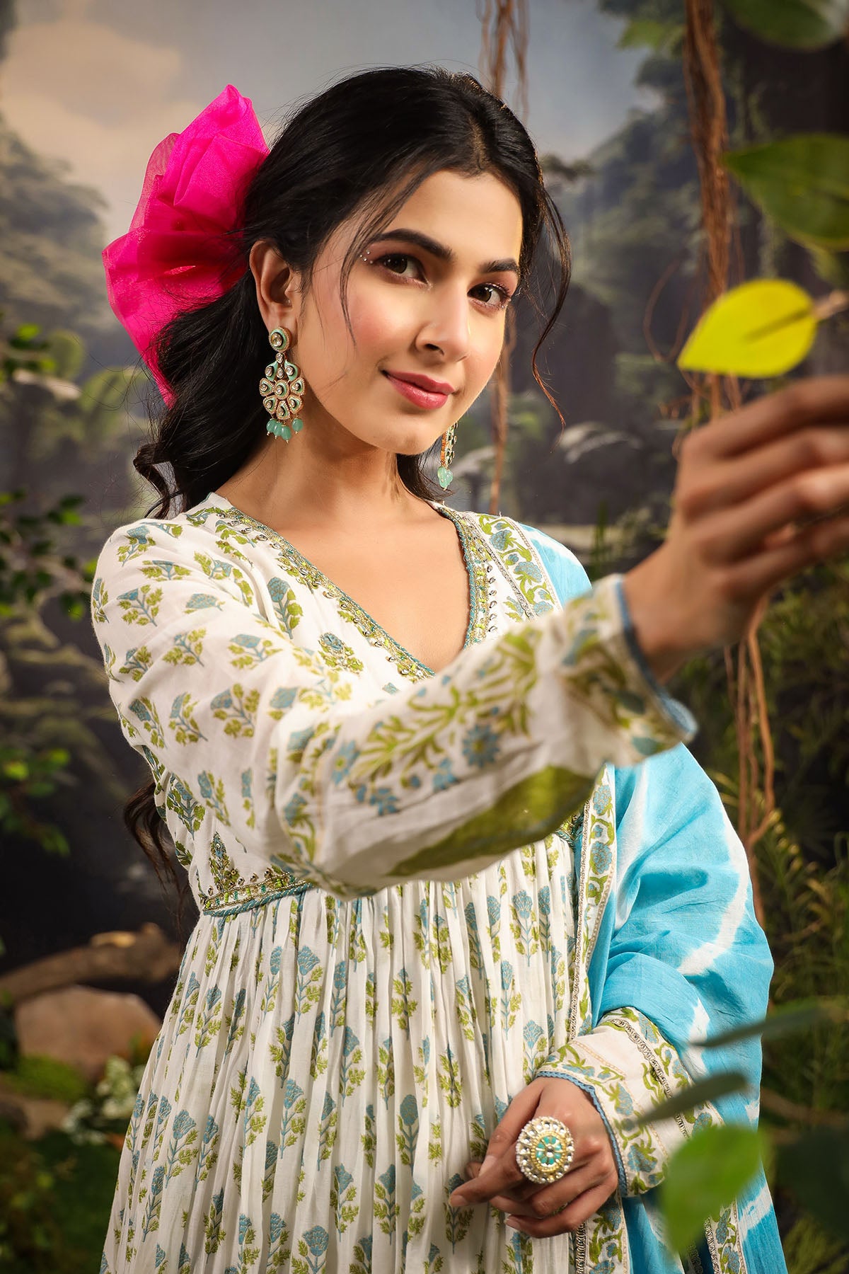 White & Blue Cotton Handwork Anarkali Suit