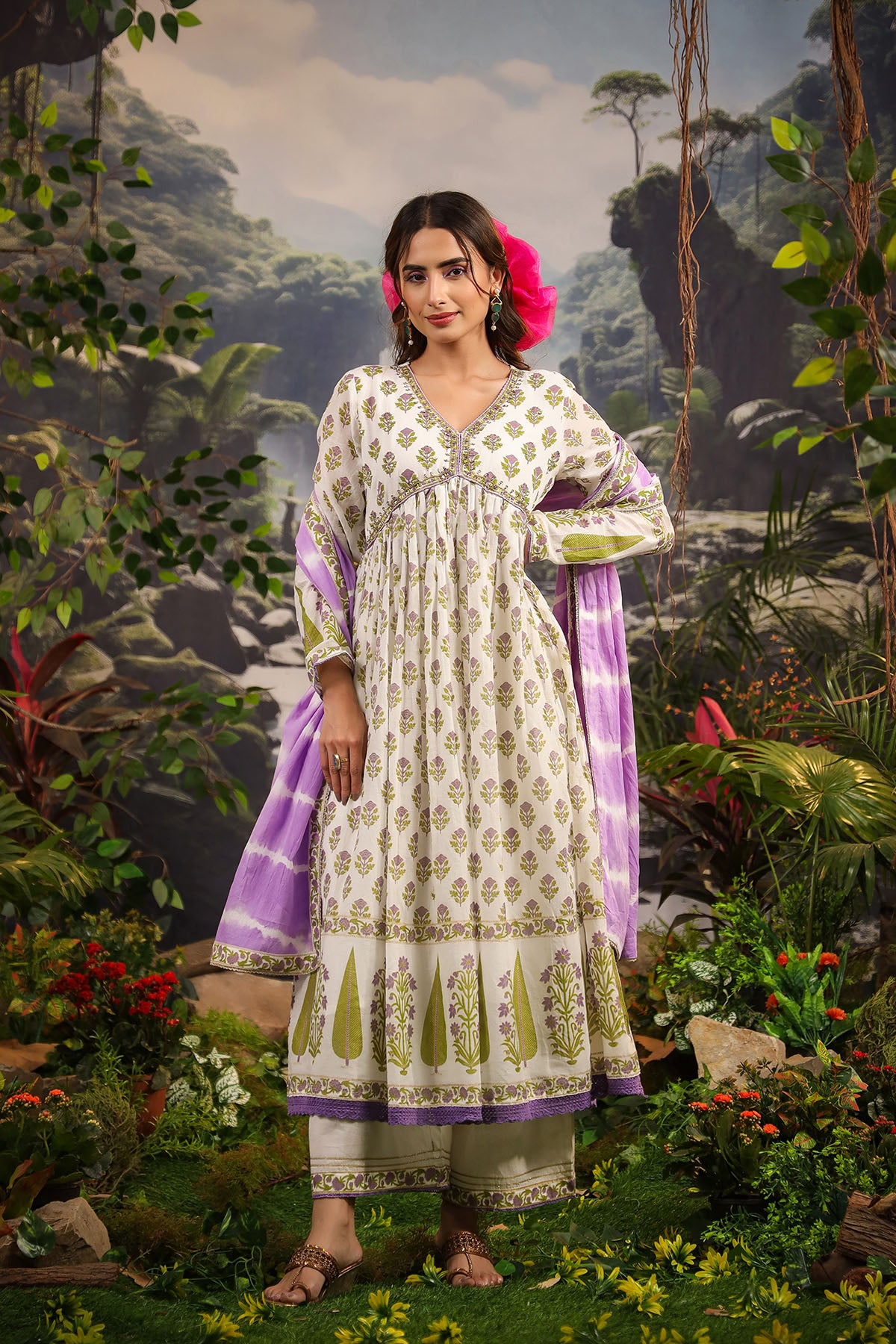 White & Green Cotton Handwork Anarkali Suit