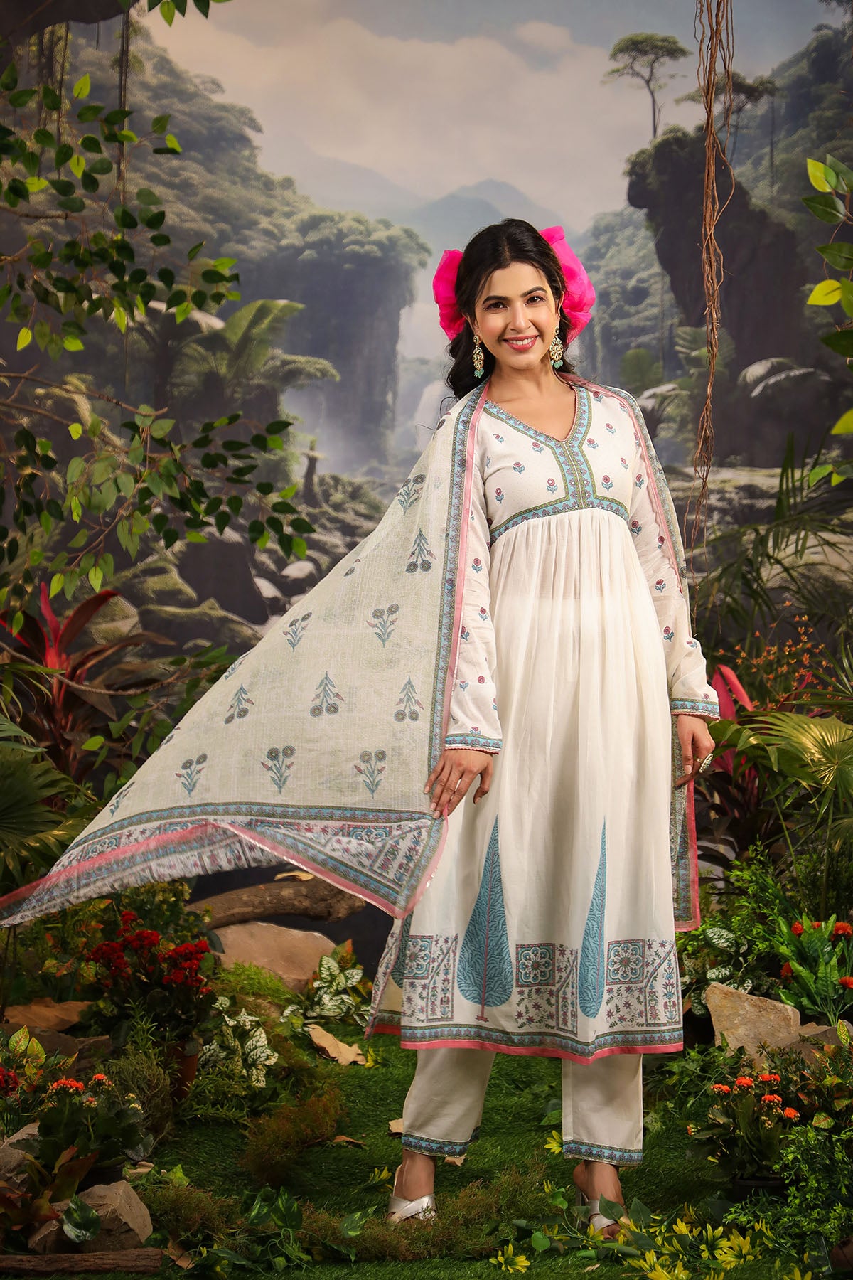 White & Blue Cotton Printed Anarkali Suit