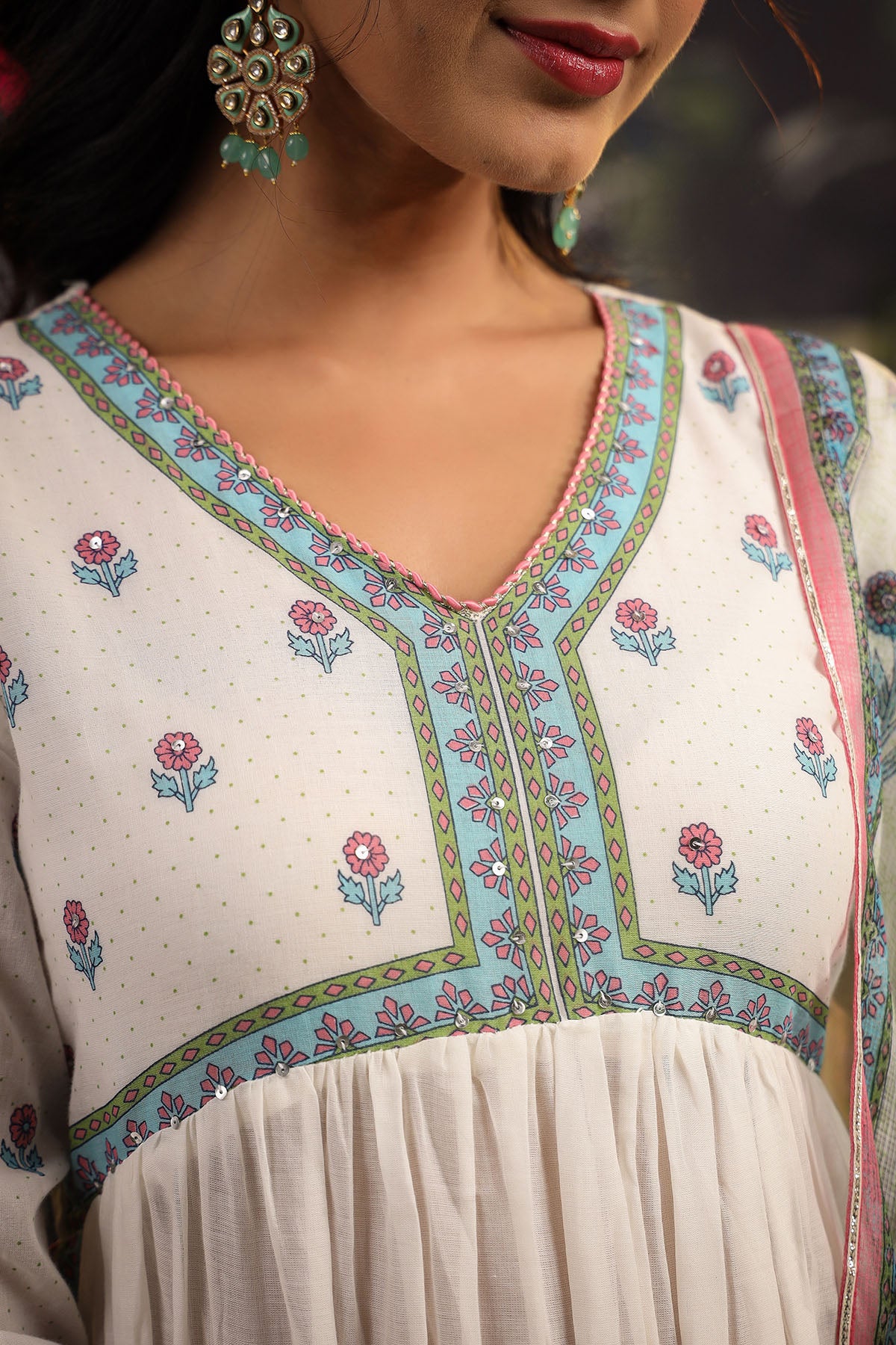 White & Blue Cotton Printed Anarkali Suit