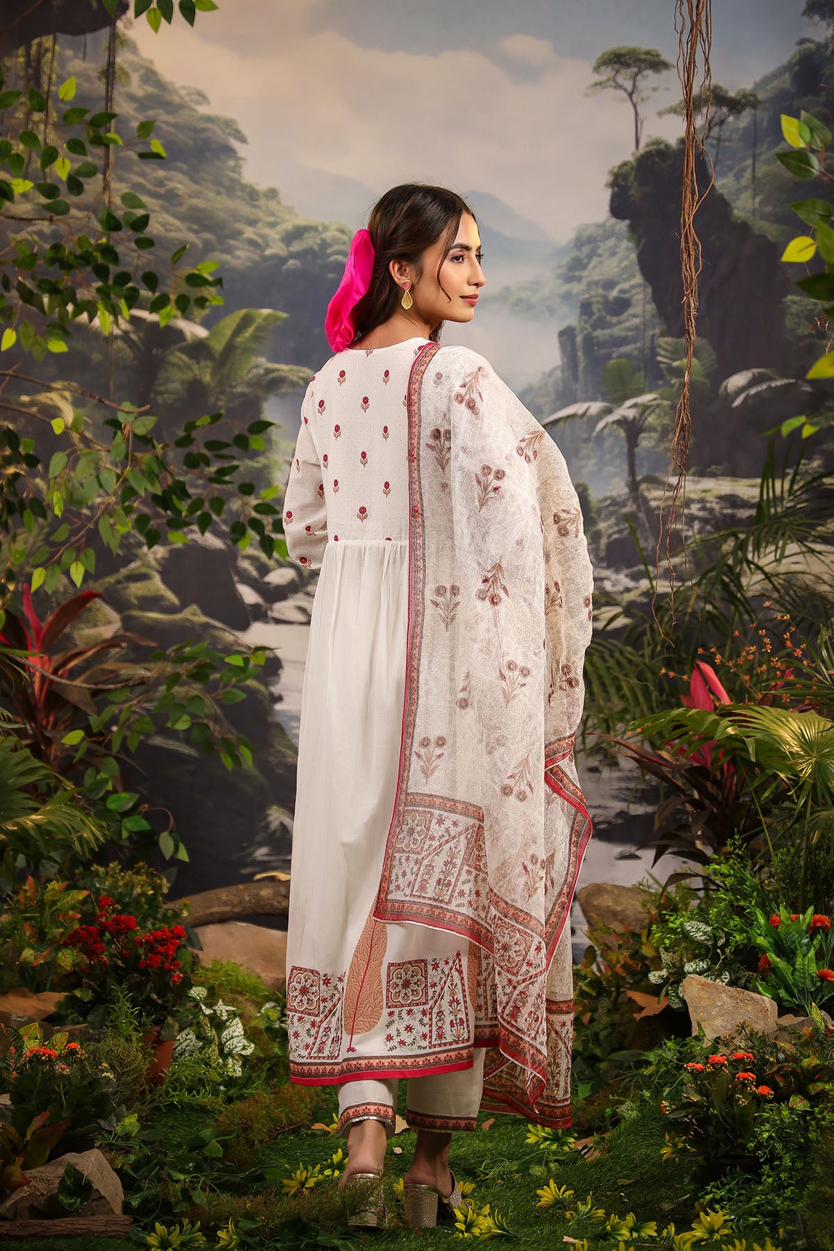 White & Red Cotton Printed Anarkali Suit