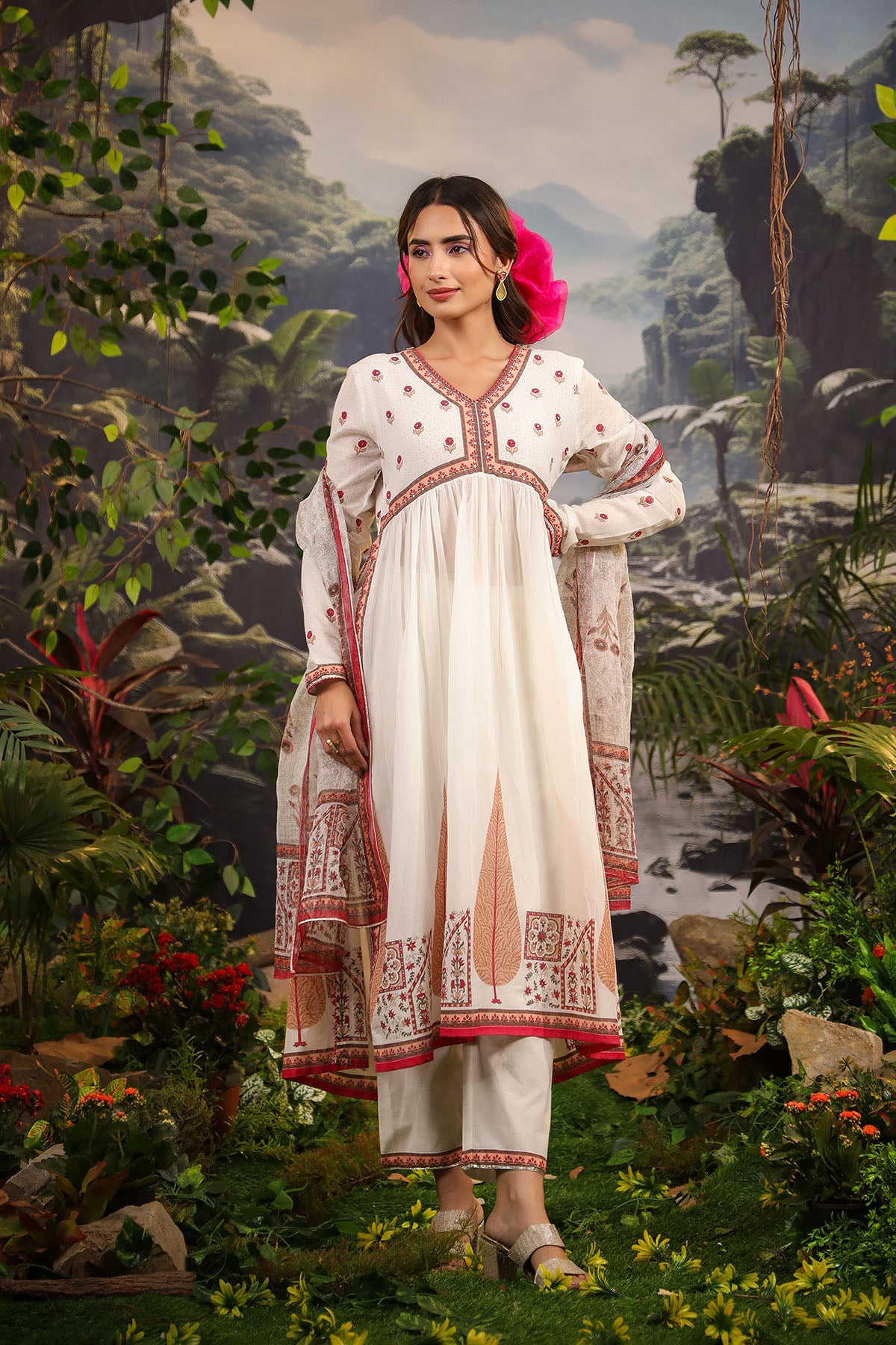 White & Red Cotton Printed Anarkali Suit