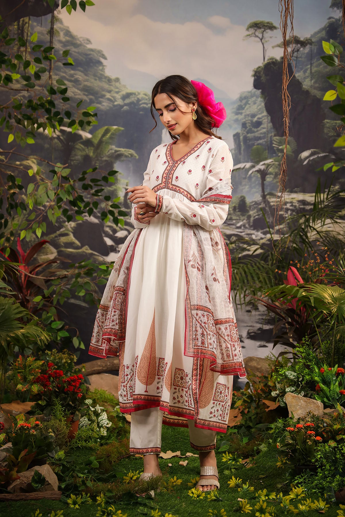 White & Red Cotton Printed Anarkali Suit
