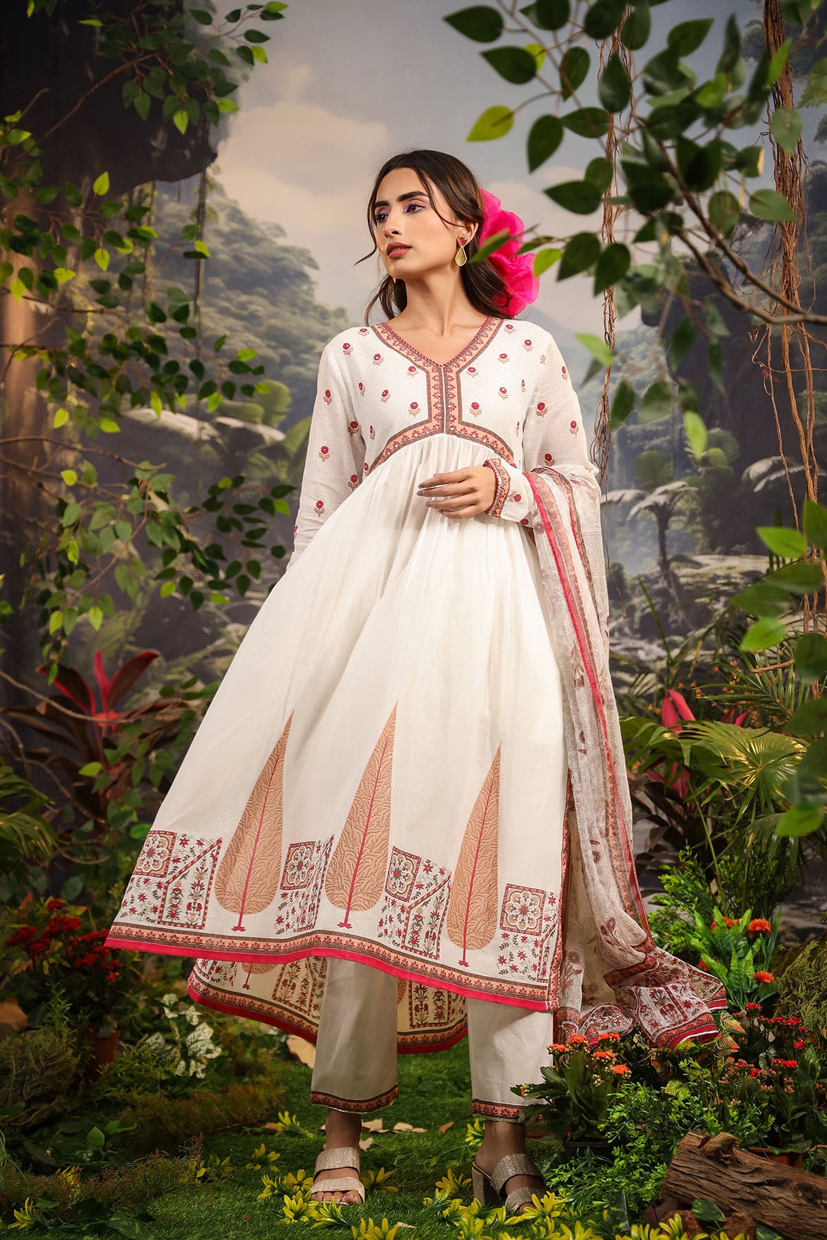 White & Red Cotton Printed Anarkali Suit