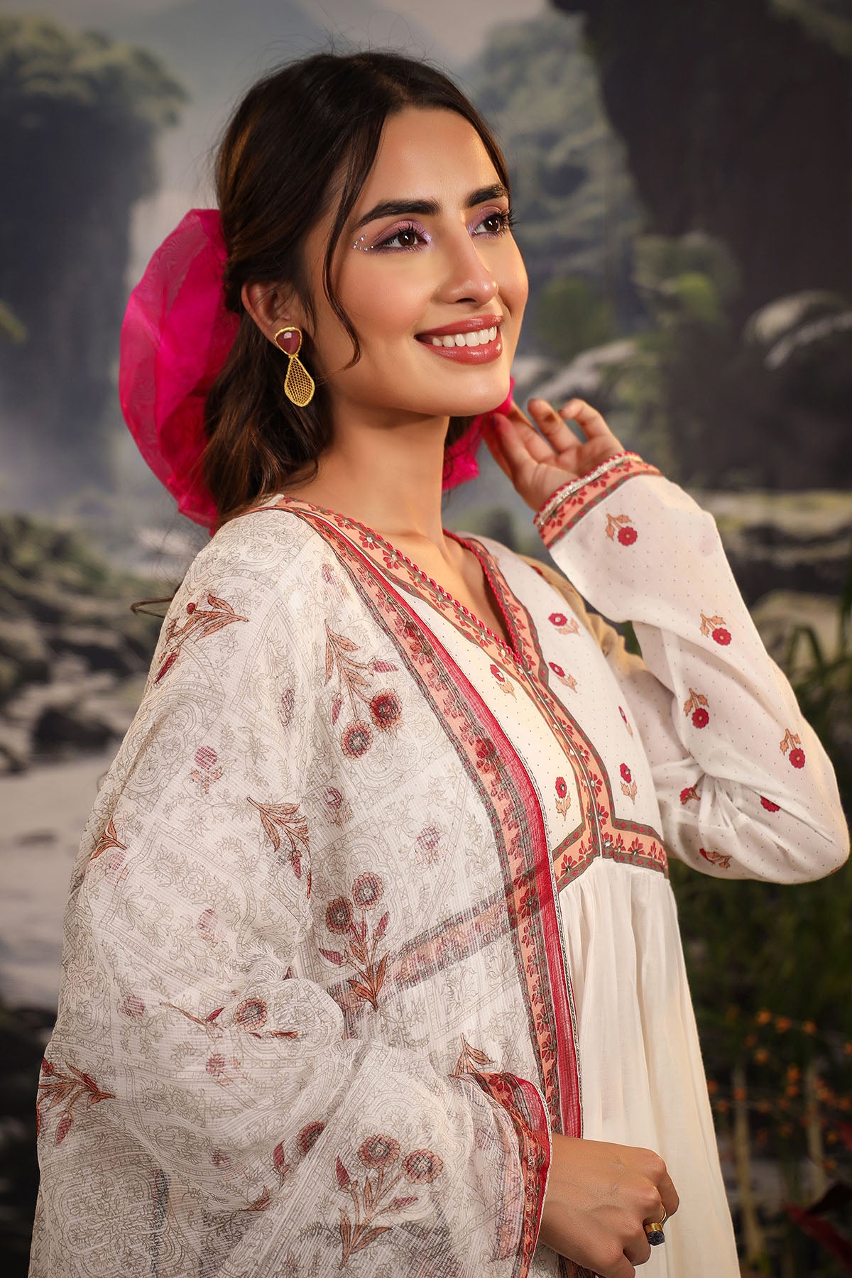 White & Red Cotton Printed Anarkali Suit