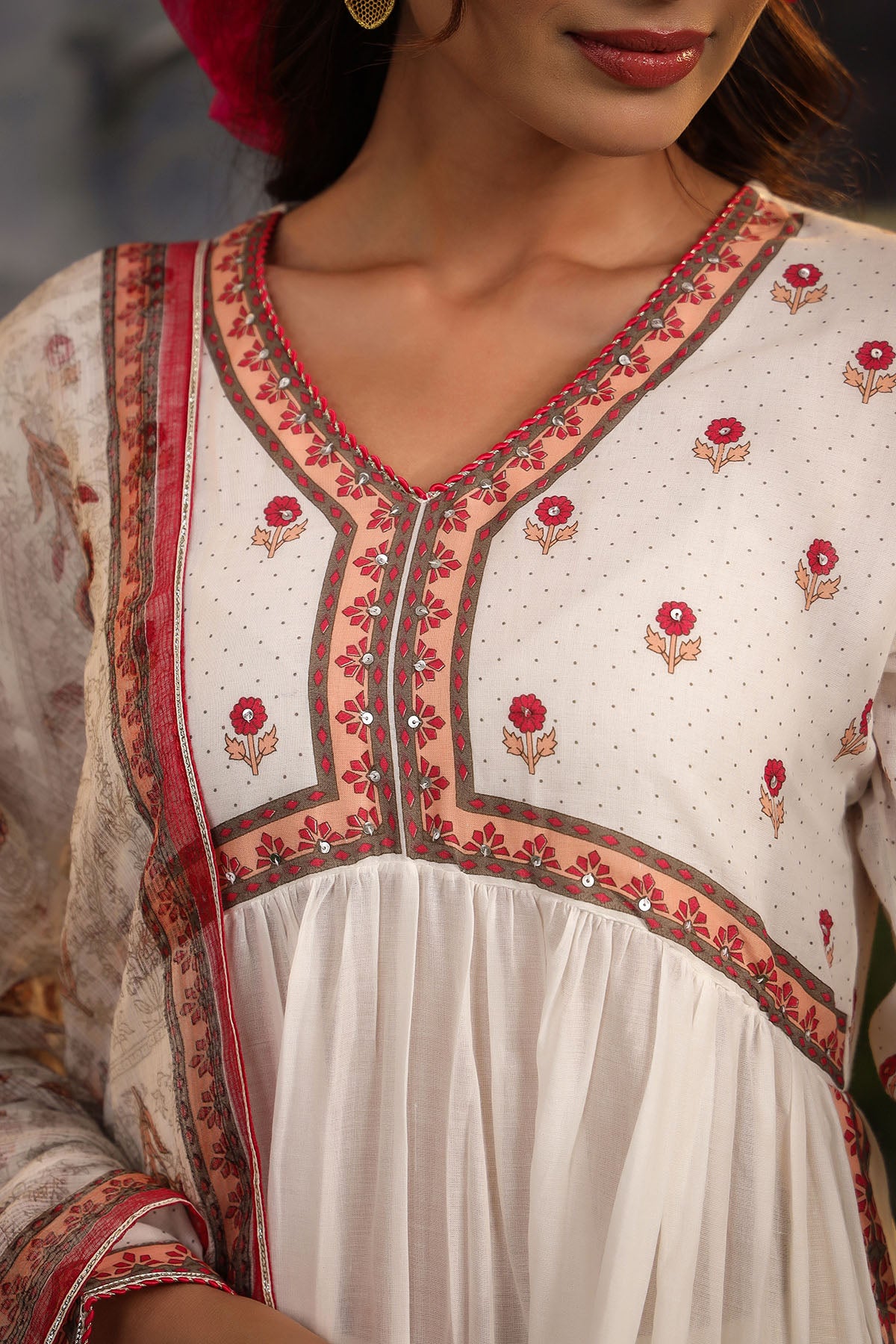 White & Red Cotton Printed Anarkali Suit
