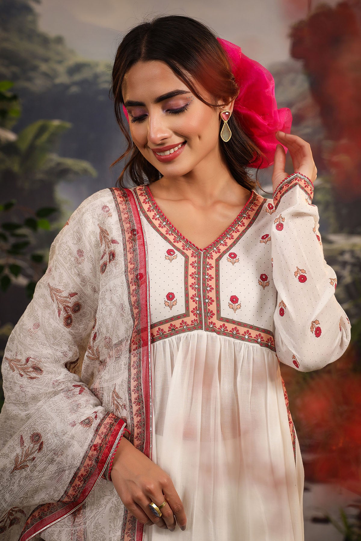 White & Red Cotton Printed Anarkali Suit