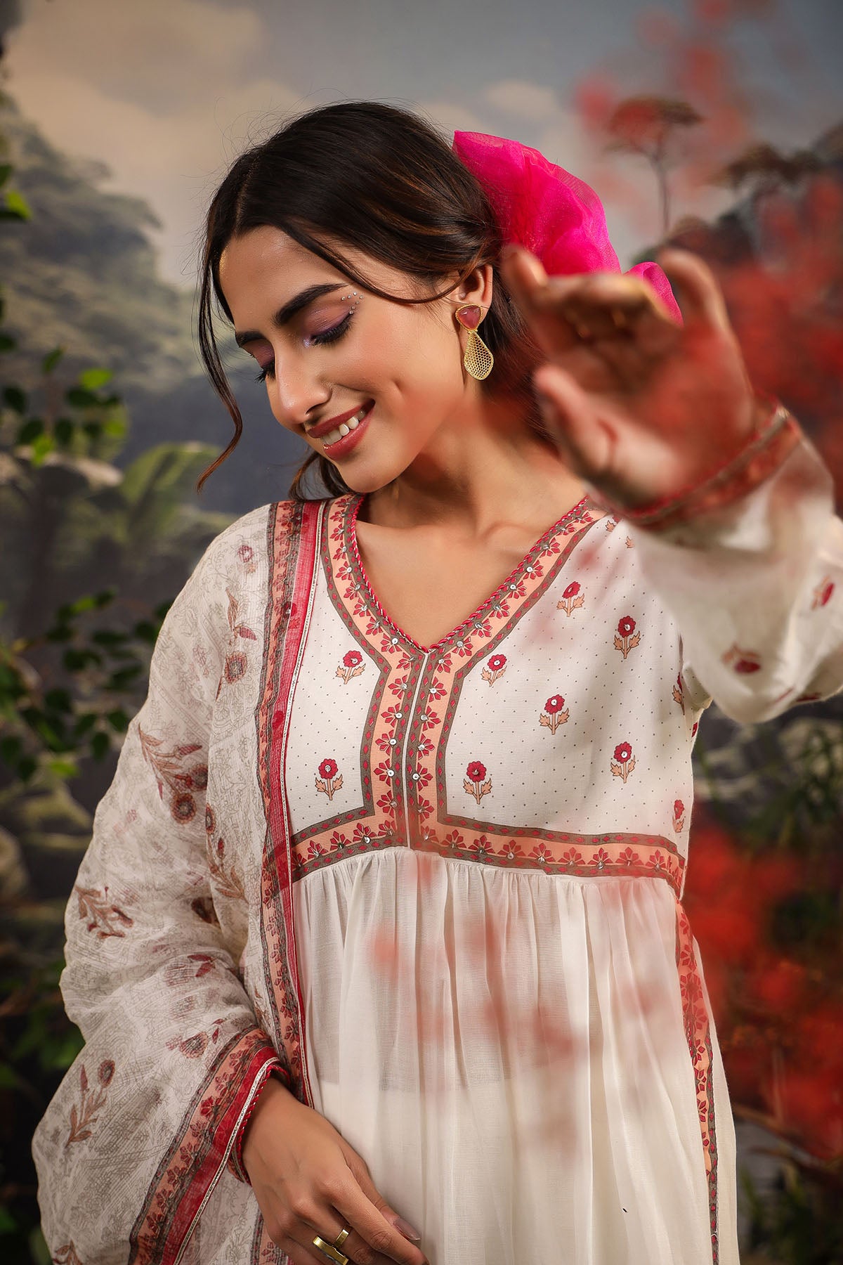 White & Red Cotton Printed Anarkali Suit