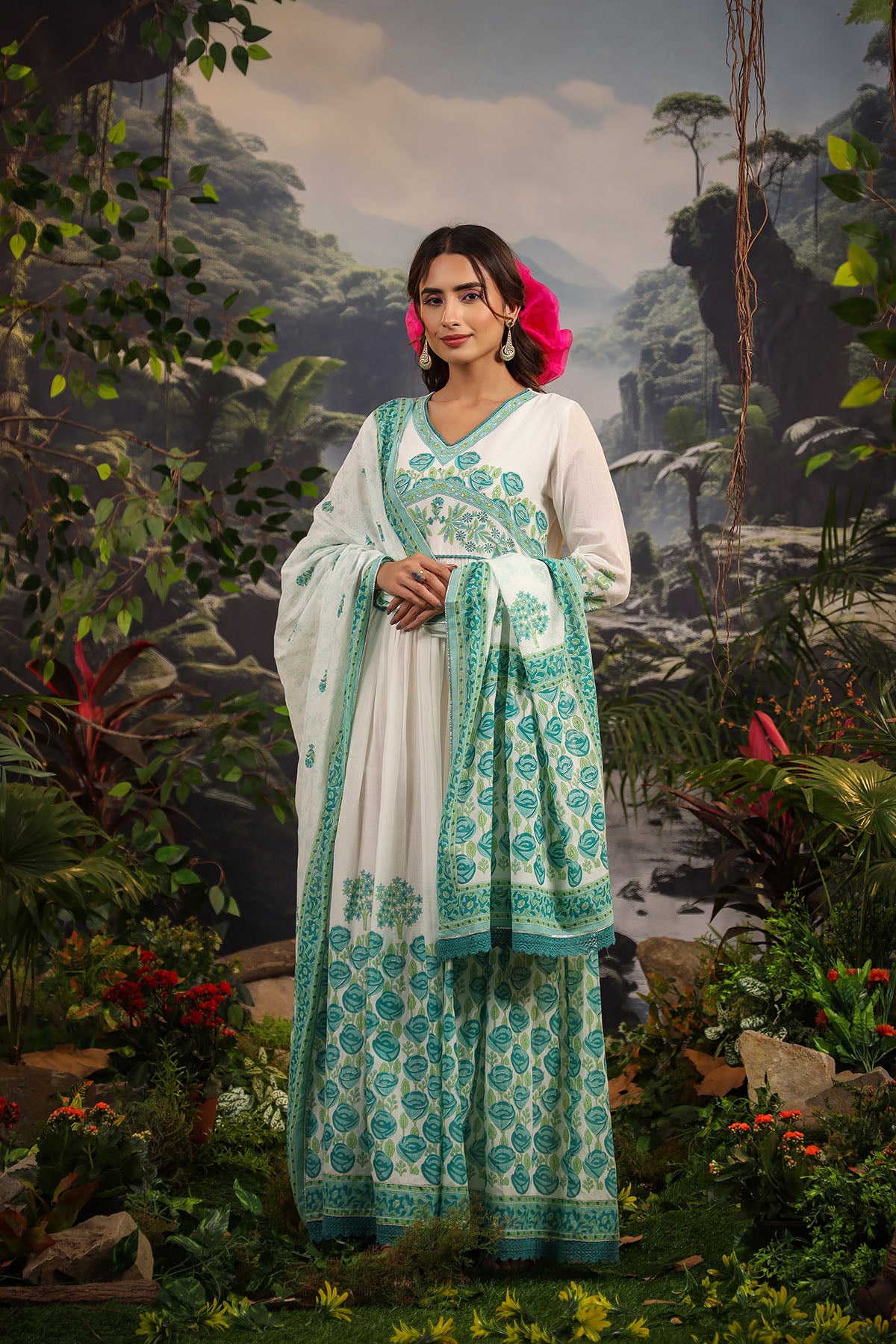 White & Green Cotton Printed Gown Set