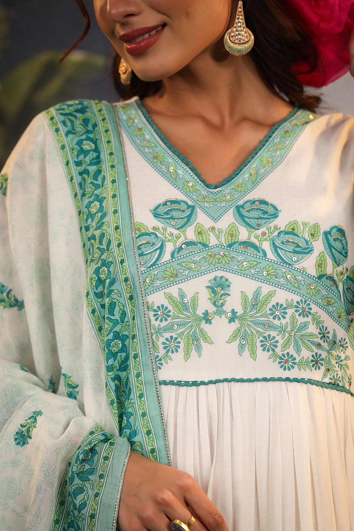 White & Green Cotton Printed Gown Set