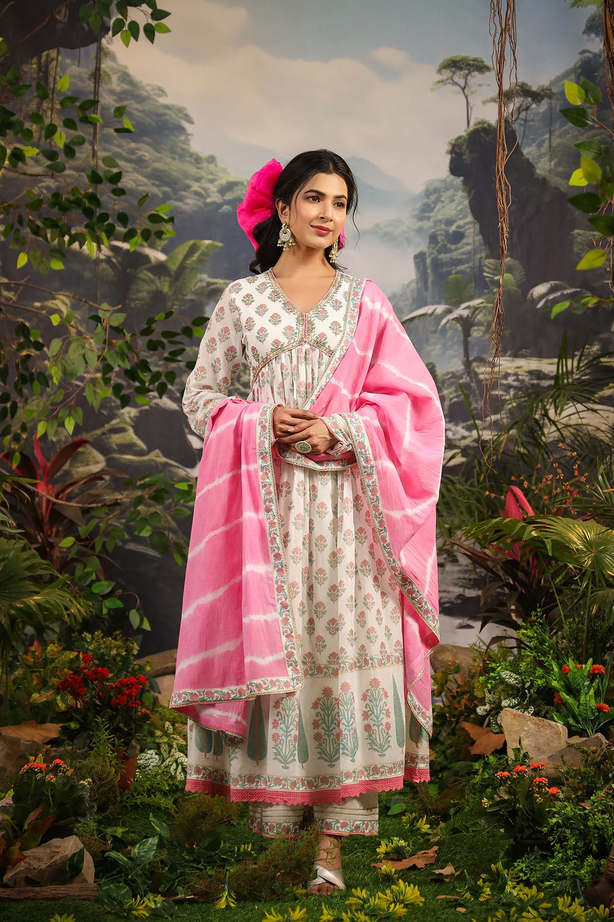 White & Pink Cotton Handwork Anarkali Set