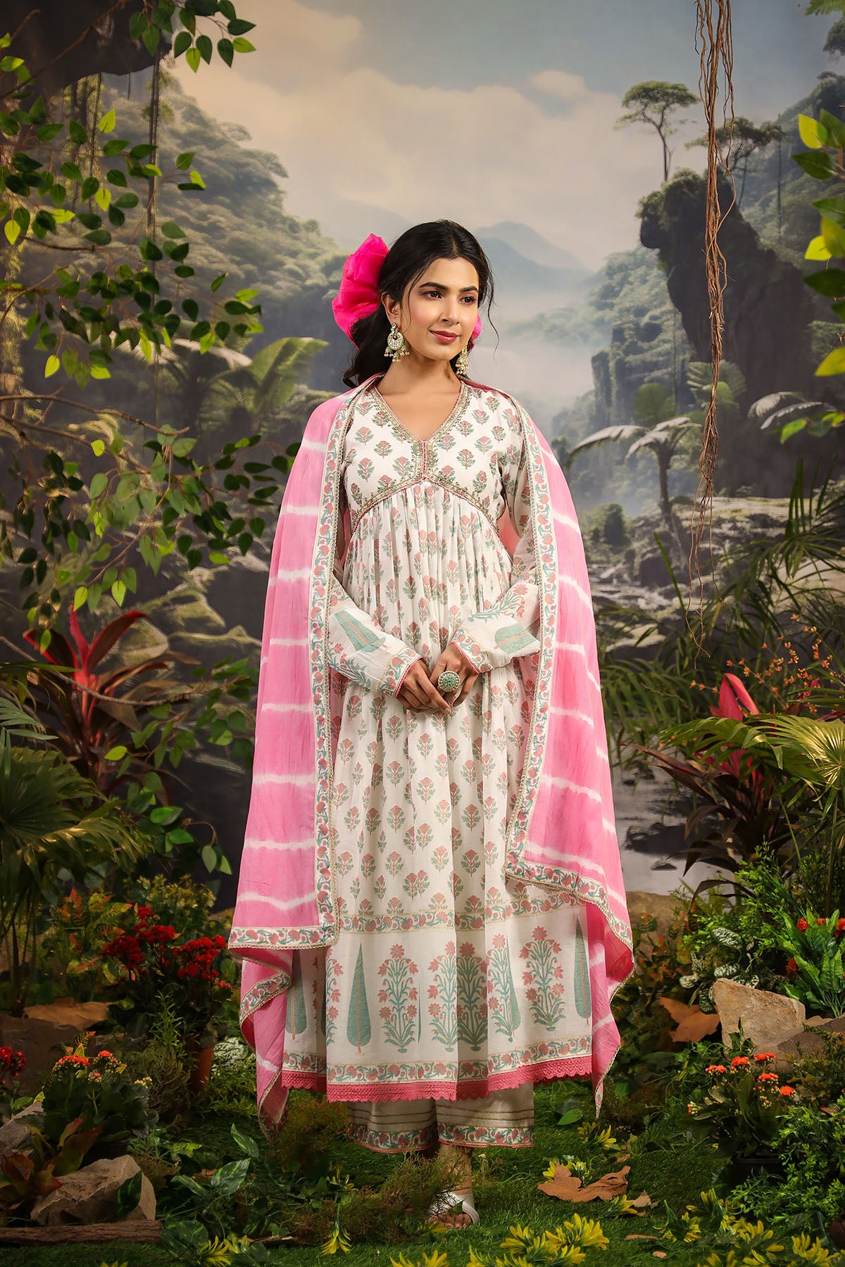 White & Pink Cotton Handwork Anarkali Set