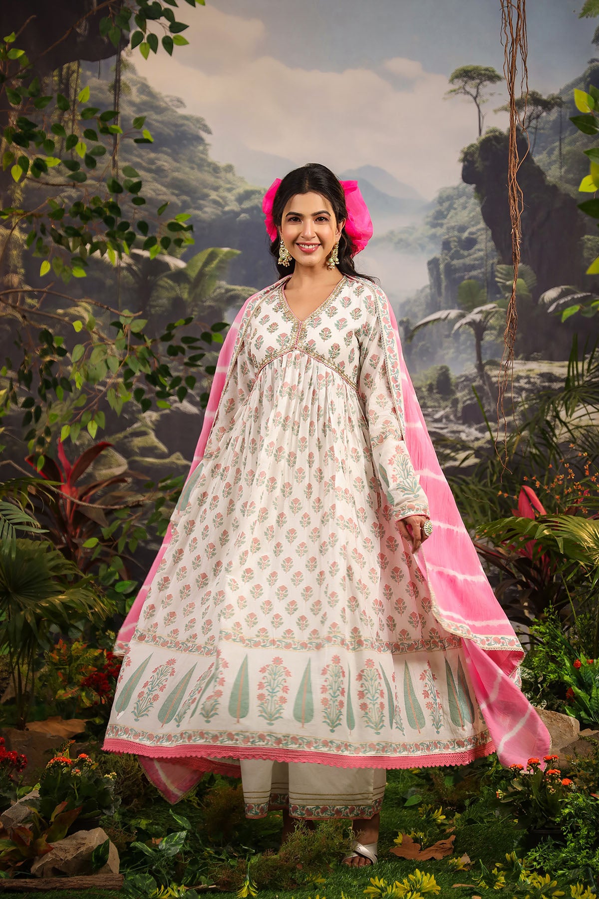 White & Pink Cotton Handwork Anarkali Set