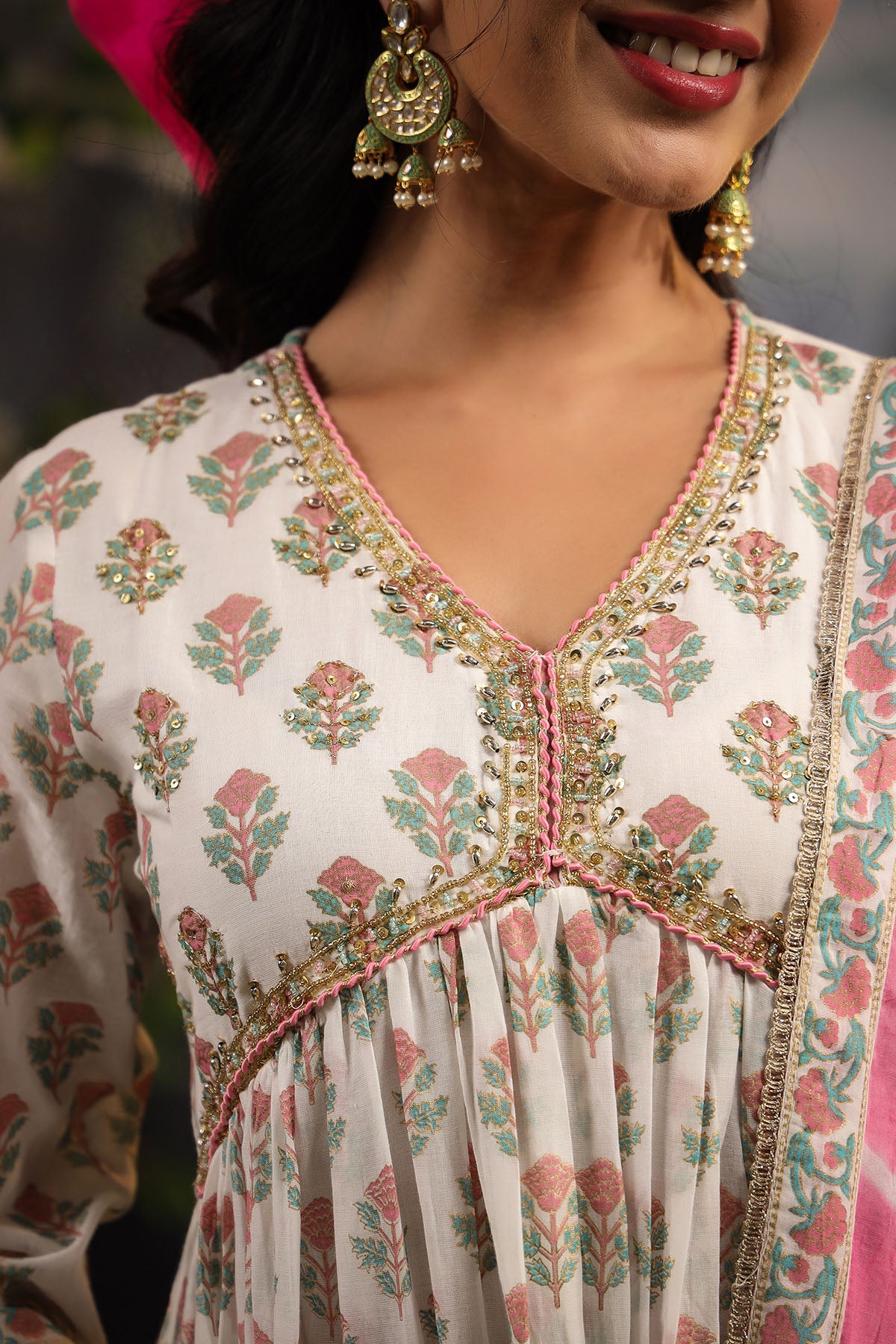 White & Pink Cotton Handwork Anarkali Set