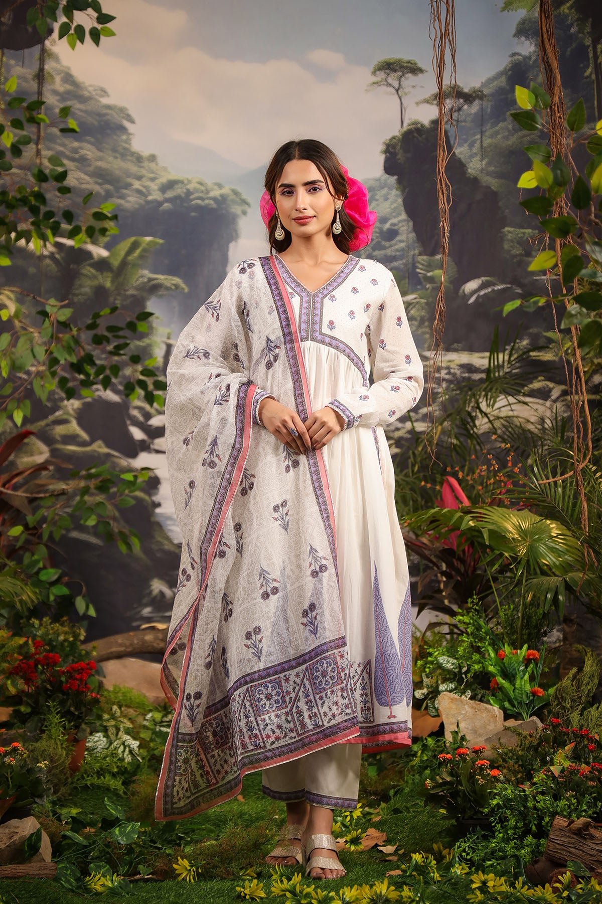 White & Purple Cotton Printed Anarkali Suit