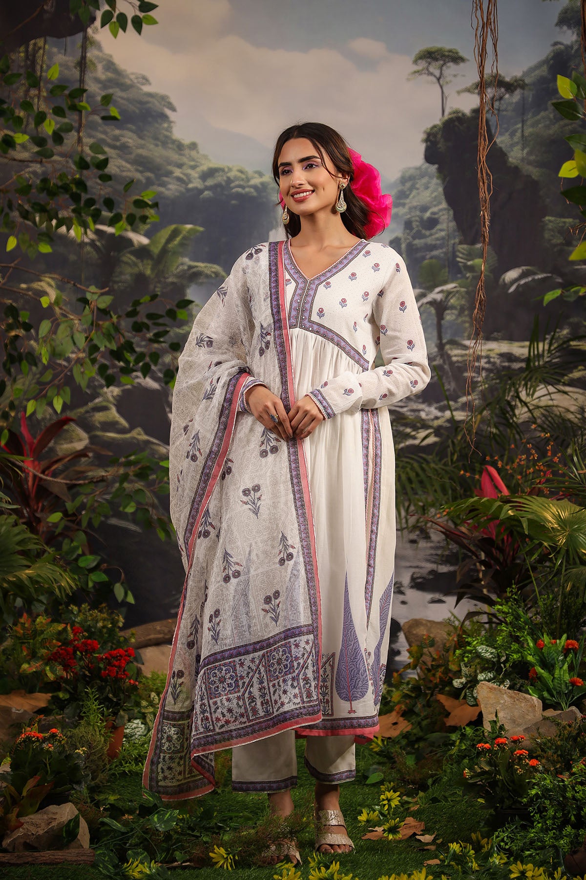 White & Purple Cotton Printed Anarkali Suit