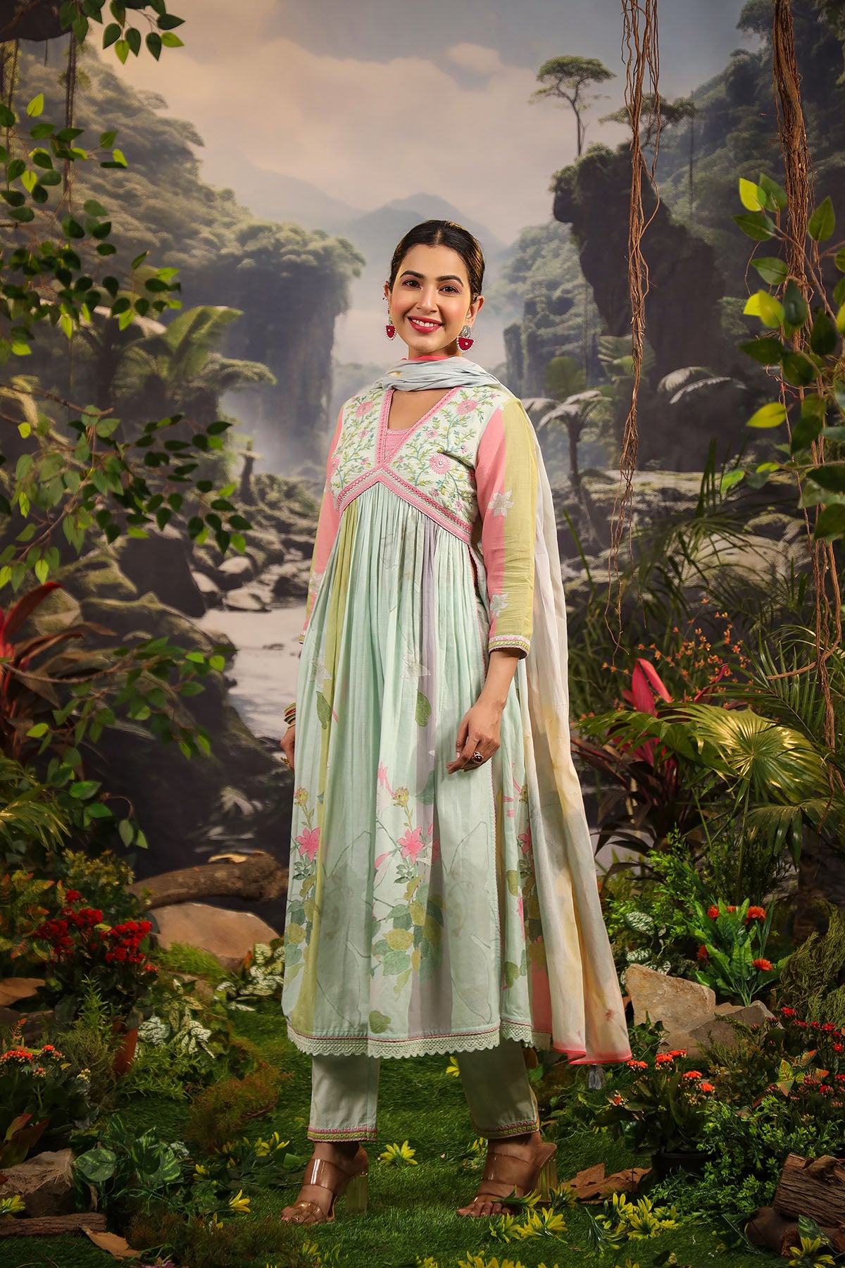 Green Floral Cotton Embroidered Anarkali Suit