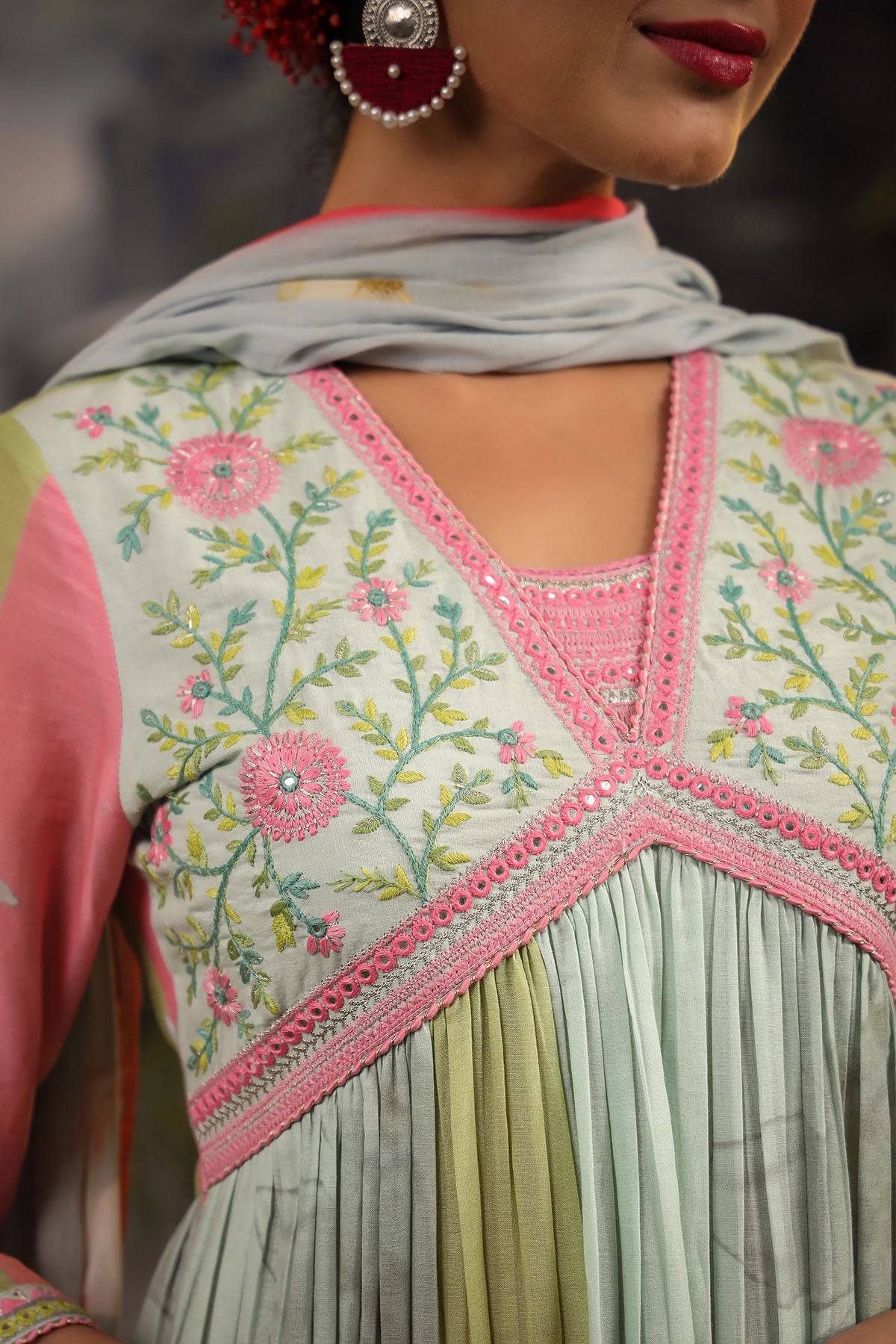 Green Floral Cotton Embroidered Anarkali Suit